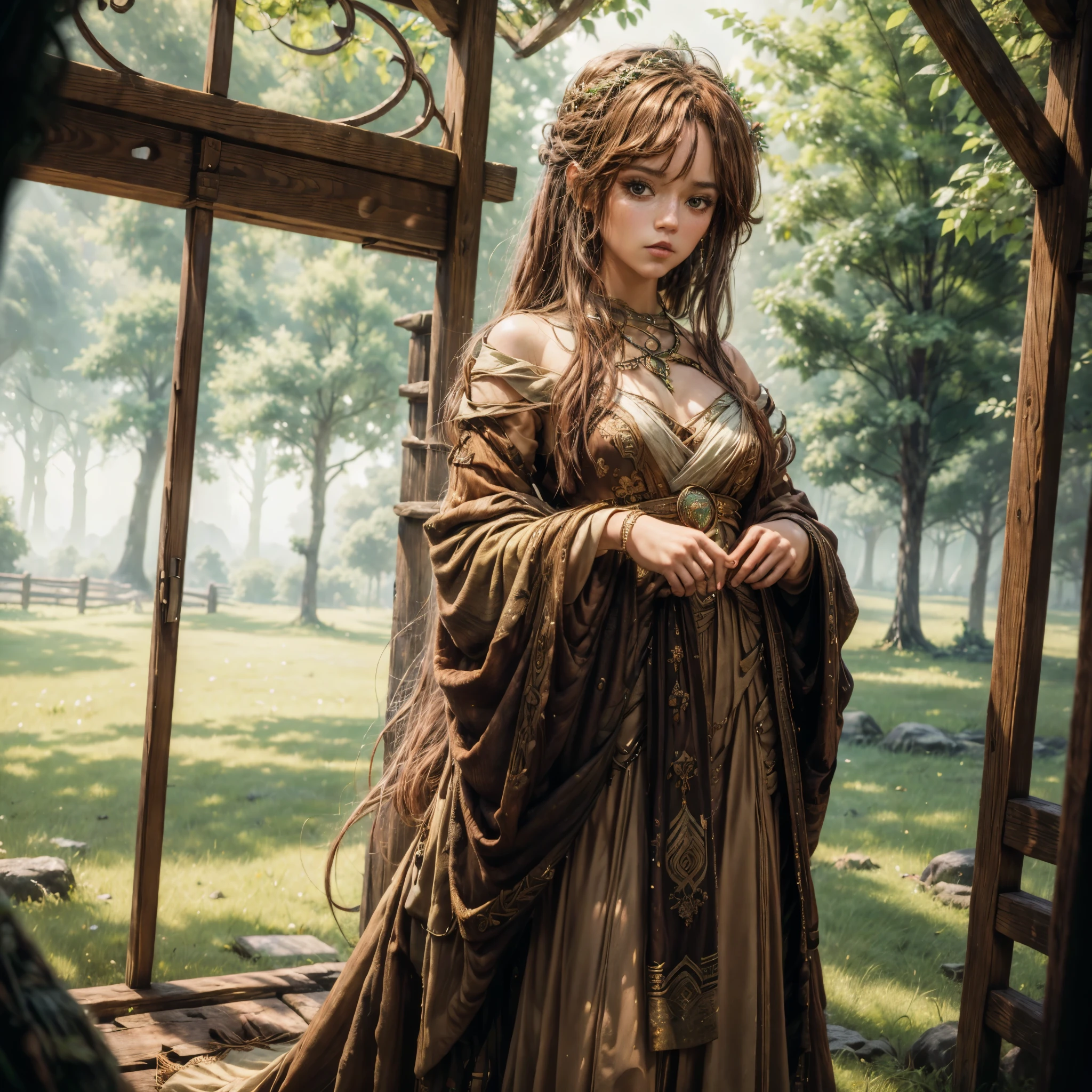 (best quality,4k,8k,highres,masterpiece:1.2),ultra-detailed, 1woman, Celtic goddess Epona, jennao, Chestnut brown hair, hazel eyes, druid gown, standing in a barnyard, motherly, posed gently, looking at viewer, seductive eyes, drawn in the style of Yoshitaka Amano, HDR, 8k, absurdres, cinestill 800, sharp focus