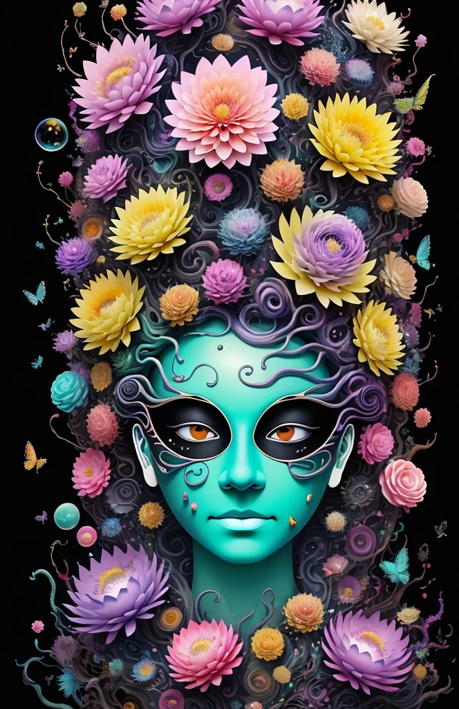 3d mask with various ordinary objects on it,spiky blonde hair,texture, complicated, Dreams bloom like flowers，ayahuasca，old tree，bubble，small fish，Gorgeous, shadow, pastel colors, 3d, mask, Very detailed, Deco, tim burton, salvador dali, Cheng Xiaolong, Cyril Rolando, inspired by J. d. lasso, 3d stereoscopic，pop color style, Portrait photo surrounded by orbiting planetary satellites, green hair spiky hair, make me jealous, Mark Leyden, Alberto Seveso, creek shade, Anna Dietman, Flora Bossi, 8k resolution, perfect composition, Milky Way, rainbow colors, flying insects, scales, wing, blue, texture, complicated, Gorgeous, shadow, pastel colors,mask， 3d, Very detailed, Deco, tim burton, Dale Chihuly, Xiaolongcheng, Cyril Rolando, by J. Jitter，flower sky，artwork，display stand，sculpture，Craftsmanship，artwork，