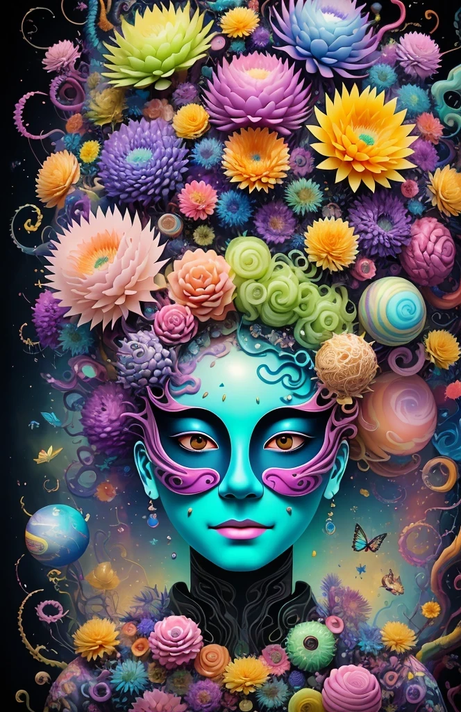 3d mask with various ordinary objects on it,spiky blonde hair,texture, complicated, Dreams bloom like flowers，ayahuasca，old tree，bubble，small fish，Gorgeous, shadow, pastel colors, 3d, mask, Very detailed, Deco, tim burton, salvador dali, Cheng Xiaolong, Cyril Rolando, inspired by J. d. lasso, 3d stereoscopic，pop color style, Portrait photo surrounded by orbiting planetary satellites, green hair spiky hair, make me jealous, Mark Leyden, Alberto Seveso, creek shade, Anna Dietman, Flora Bossi, 8k resolution, perfect composition, Milky Way, rainbow colors, flying insects, scales, wing, blue, texture, complicated, Gorgeous, shadow, pastel colors,mask， 3d, Very detailed, Deco, tim burton, Dale Chihuly, Xiaolongcheng, Cyril Rolando, by J. Jitter，flower sky，artwork，display stand，sculpture，Craftsmanship，artwork，