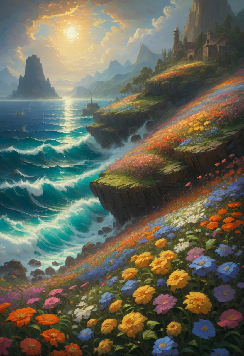 sea of flowers, by Noah Bradley, best quality, masterpiece, Representative work, official art, Professional, Ultra intricate detailed, 8k
