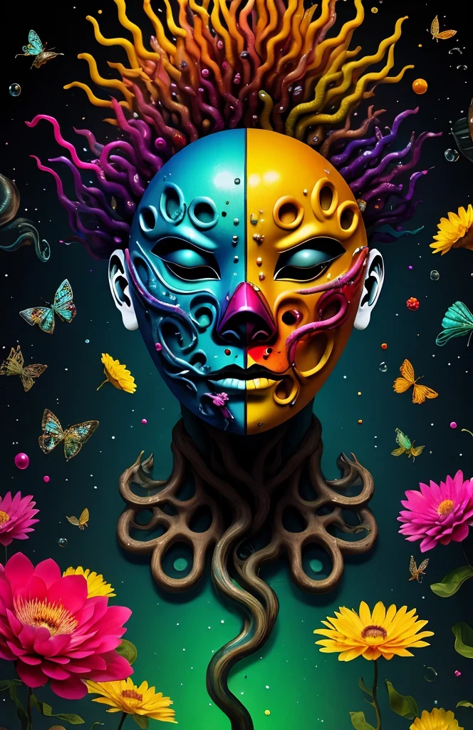 3d mask with various ordinary objects on it,spiky blonde hair,texture, complicated, Dreams bloom like flowers，ayahuasca，old tree，bubble，small fish，Gorgeous, shadow, pastel colors, 3d, mask, Very detailed, Deco, tim burton, salvador dali, Cheng Xiaolong, Cyril Rolando, inspired by J. d. lasso, 3d stereoscopic，pop color style, Portrait photo surrounded by orbiting planetary satellites, green hair spiky hair, make me jealous, Mark Leyden, Alberto Seveso, creek shade, Anna Dietman, Flora Bossi, 8k resolution, perfect composition, Milky Way, rainbow colors, flying insects, scales, wing, blue, texture, complicated, Gorgeous, shadow, pastel colors,mask， 3d, Very detailed, Deco, tim burton, Dale Chihuly, Xiaolongcheng, Cyril Rolando, by J. Jitter，flower sky，artwork，display stand，sculpture，Craftsmanship，artwork，