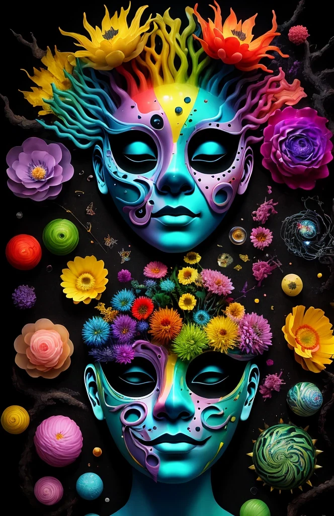3d mask with various ordinary objects on it,spiky blonde hair,texture, complicated, Dreams bloom like flowers，ayahuasca，old tree，bubble，small fish，Gorgeous, shadow, pastel colors, 3d, mask, Very detailed, Deco, tim burton, salvador dali, Cheng Xiaolong, Cyril Rolando, inspired by J. d. lasso, 3d stereoscopic，pop color style, Portrait photo surrounded by orbiting planetary satellites, green hair spiky hair, make me jealous, Mark Leyden, Alberto Seveso, creek shade, Anna Dietman, Flora Bossi, 8k resolution, perfect composition, Milky Way, rainbow colors, flying insects, scales, wing, blue, texture, complicated, Gorgeous, shadow, pastel colors,mask， 3d, Very detailed, Deco, tim burton, Dale Chihuly, Xiaolongcheng, Cyril Rolando, by J. Jitter，flower sky，artwork，display stand，sculpture，Craftsmanship，artwork，