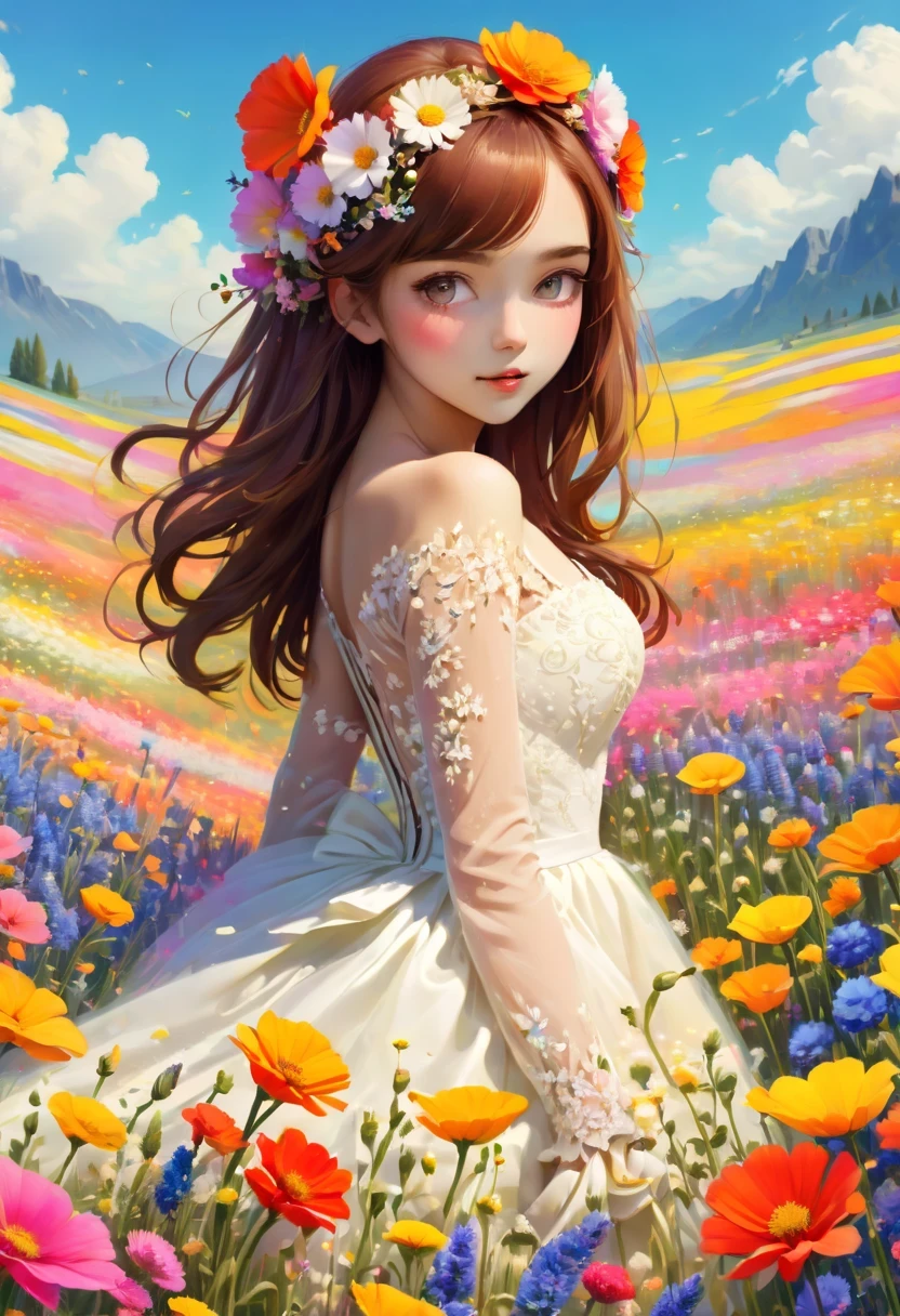 Ridiculous, high resolution, super detailed, (girl:1.3), Put on a wedding dress,(Design flower field scene, With blooming flowers, bright colors, and the feeling of growth and renewal.:1.4),Dream,Sweet,happiness