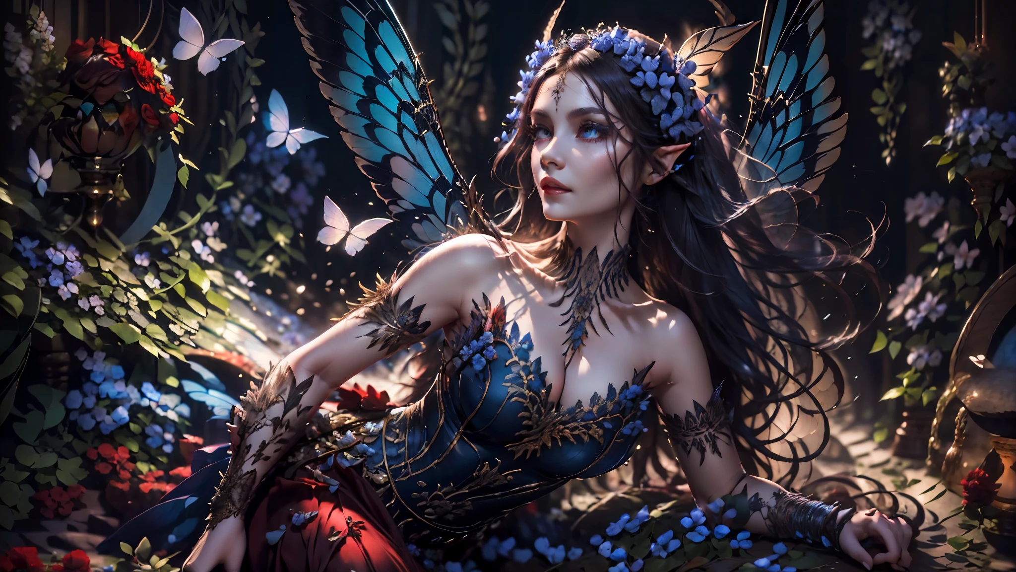 high details, best quality, 16k, RAW, [best detailed], masterpiece, best quality, (extremely detailed), full body, ultra wide shot, photorealistic, dark fantasy art, goth art, RPG art, D&D art, a picture of a dark female fairy resting in a flower meadow, extremely beautiful fairy, ultra feminine (intense details, Masterpiece, best quality), best detailed face (intense details, Masterpiece, best quality), having wide butterfly wings, spread butterfly wings (intense details, Masterpiece, best quality), dark colors wings (intense details, Masterpiece, best quality), black hair, long hair, shinning hair, flowing hair, shy smile, innocent smile, blue eyes, dark red lips, wearing [red] dress latex corset (intense details, Masterpiece, best quality), dynamic elegant shirt, chocker, wearing high heels, in dark colored flower meadow (intense details, Masterpiece, best quality), (red flowers: 1.2) , (black flowers: 1.2), (white flowers: 1.2), (blue flowers: 1.3) [extreme many flowers] (intense details, Masterpiece, best quality), dark colorful flowers (intense details, Masterpiece, best quality), flower meadow in a dark goth field background, dim light, cinematic light, High Detail, Ultra High Quality, High Resolution, 16K Resolution, Ultra HD Pictures, 3D rendering Ultra Realistic, Clear Details, Realistic Detail, Ultra High Definition, DonMF41ryW1ng5XL