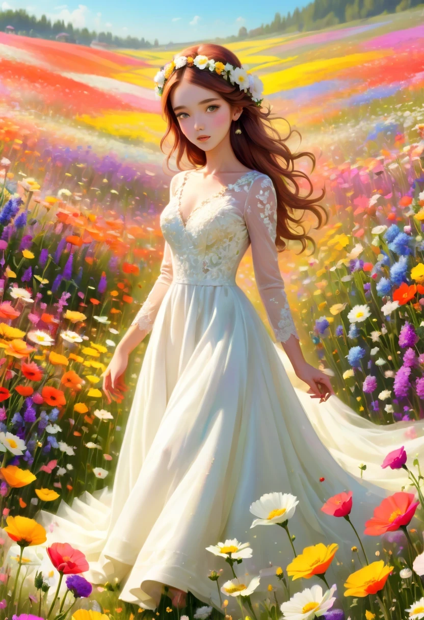Ridiculous, high resolution, super detailed, (girl:1.3), Put on a wedding dress,(Design flower field scene, With blooming flowers, bright colors, and the feeling of growth and renewal.:1.4)，Dream，Sweet，happiness