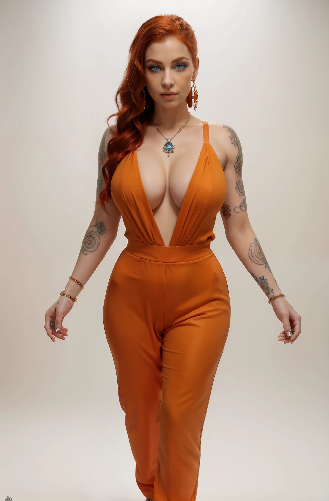 nose piercing, standing,  jewelry, orange jumpsuit (insanely detailed, beautiful detailed face, masterpiece, best quality), cleavage, piercing blue eyes, full body shot, blank background, white background, red hair, elaborate tattoos