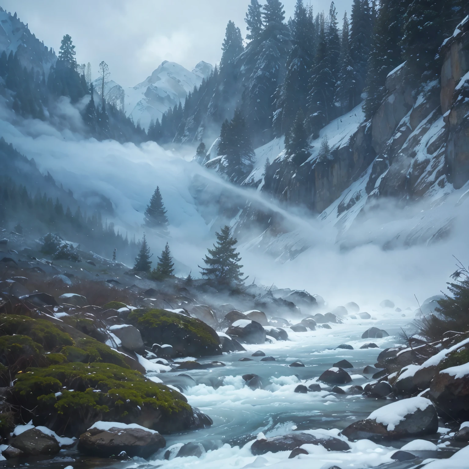 (mountain conifer forest)(blue misty atmosphere)(no snow)(river flowing)(hyper realistic)
