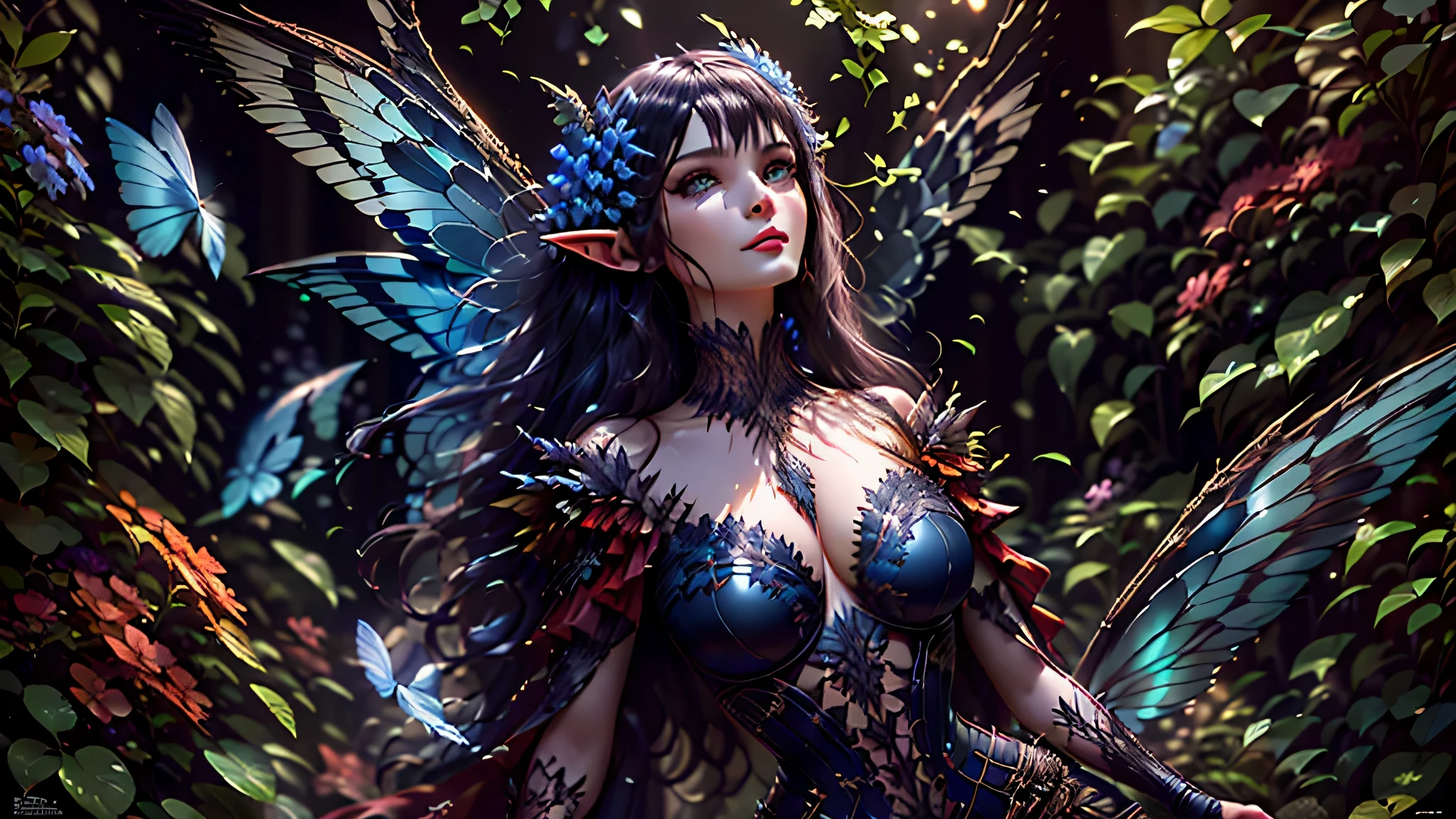 high details, best quality, 16k, RAW, [best detailed], masterpiece, best quality, (extremely detailed), full body, ultra wide shot, photorealistic, dark fantasy art, goth art, RPG art, D&D art, a picture of a dark female fairy resting in a flower meadow, extremely beautiful fairy, ultra feminine (intense details, Masterpiece, best quality), best detailed face (intense details, Masterpiece, best quality), having wide butterfly wings, spread butterfly wings (intense details, Masterpiece, best quality), dark colors wings (intense details, Masterpiece, best quality), black hair, long hair, shinning hair, flowing hair, shy smile, innocent smile, blue eyes, dark red lips, wearing [red] dress latex corset (intense details, Masterpiece, best quality), dynamic elegant shirt, chocker, wearing high heels, in dark colored flower meadow (intense details, Masterpiece, best quality), (red flowers: 1.2) , (black flowers: 1.2), (white flowers: 1.2), (blue flowers: 1.3) [extreme many flowers] (intense details, Masterpiece, best quality), dark colorful flowers (intense details, Masterpiece, best quality), flower shop in a dark goth era street background, dim light, cinematic light, gaslight lamp light, High Detail, Ultra High Quality, High Resolution, 16K Resolution, Ultra HD Pictures, 3D rendering Ultra Realistic, Clear Details, Realistic Detail, Ultra High Definition