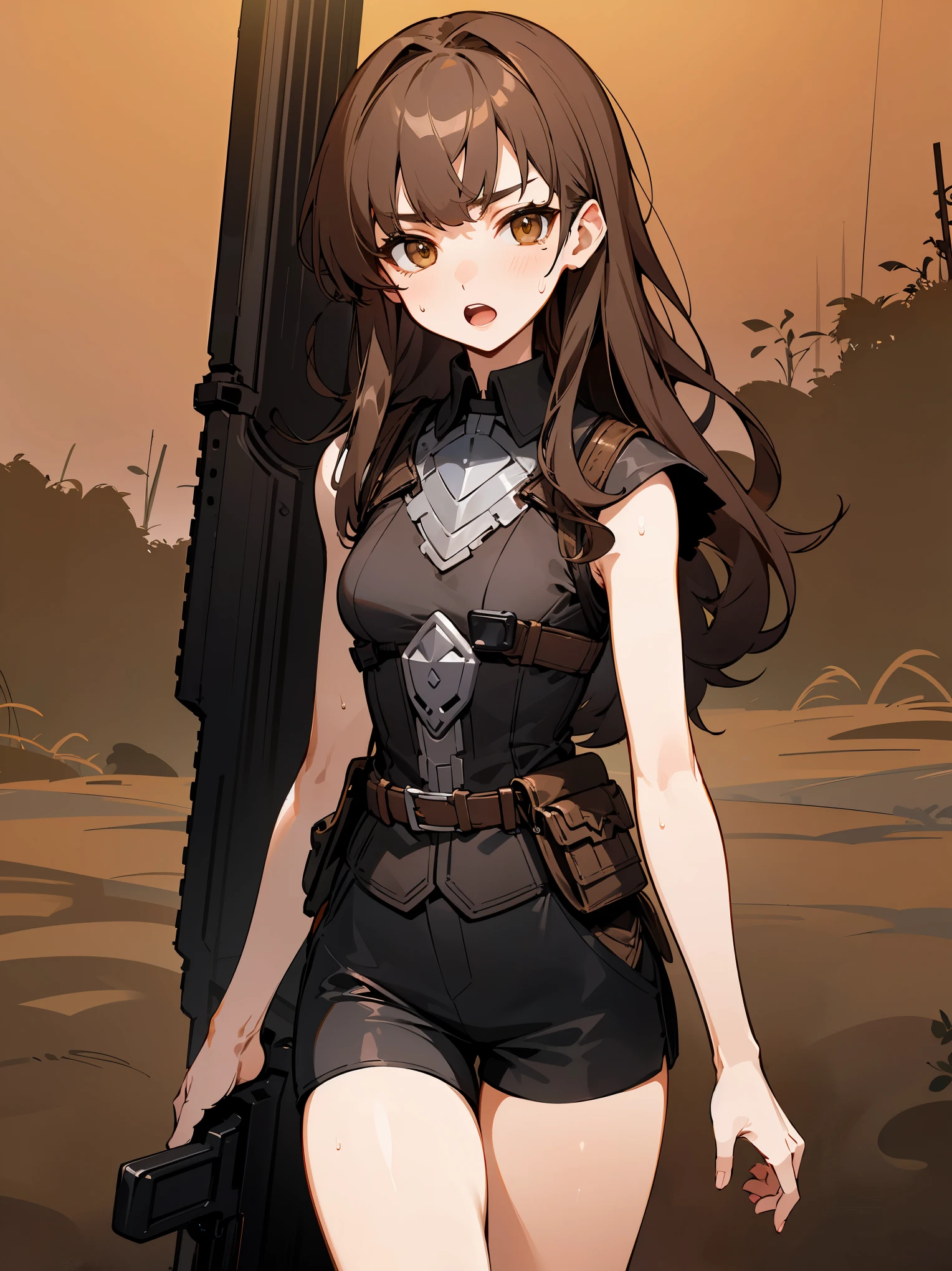 ((fine lineart)), (masterpiece,best Quality),extremely beautiful detai led anime face and eyes,cowboy shot,gal.safetensors,20-year-old、Beauty,monster hunter、solo, brown hair,long hair,brown eyes,Small open mouth、slender body,very small head、medium breasts,brown skin,gleaming skin,oily skin,shiny skin,sweat,walk,(Black combat uniform,black tactical vest、sleeveless),carry an automatic rifle、black Micromini shorts,apocalyptic world、Ruined Tokyo、moonlight、at night、