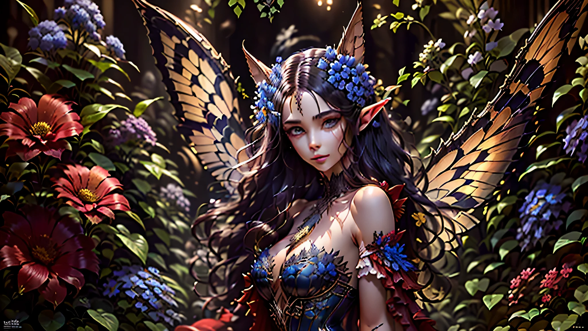 high details, best quality, 16k, RAW, [best detailed], masterpiece, best quality, (extremely detailed), full body, ultra wide shot, photorealistic, dark fantasy art, goth art, RPG art, D&D art, a picture of a dark female fairy resting in a flower meadow, extremely beautiful fairy, ultra feminine (intense details, Masterpiece, best quality), best detailed face (intense details, Masterpiece, best quality), having wide butterfly wings, spread butterfly wings (intense details, Masterpiece, best quality), dark colors wings (intense details, Masterpiece, best quality), black hair, long hair, shinning hair, flowing hair, shy smile, innocent smile, blue eyes, dark red lips, wearing [red] dress latex corset (intense details, Masterpiece, best quality), dynamic elegant shirt, chocker, wearing high heels, in dark colored flower meadow (intense details, Masterpiece, best quality), (red flowers: 1.2) , (black flowers: 1.2), (white flowers: 1.2), (blue flowers: 1.3) [extreme many flowers] (intense details, Masterpiece, best quality), dark colorful flowers (intense details, Masterpiece, best quality), flower shop in a dark goth era street background, dim light, cinematic light, gaslight lamp light, High Detail, Ultra High Quality, High Resolution, 16K Resolution, Ultra HD Pictures, 3D rendering Ultra Realistic, Clear Details, Realistic Detail, Ultra High Definition