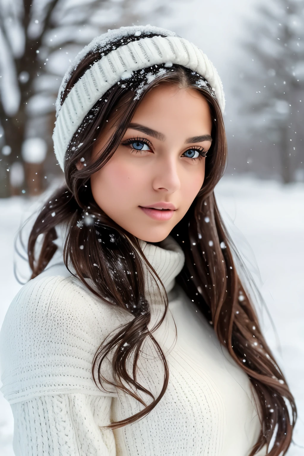 A sexy and beautiful brunette girl is captured in the snow, her knee-high leather boots leaving distinctive prints in the pristine white landscape. Her figure is accentuated by the thick, high-quality woolen sweater she wears, the texture and color of which are vividly detailed. Snowflakes land softly on her shoulder-length curls, making them glisten and sparkle in the dim winter light.
Her face is a work of art, with perfect skin that seems to effortlessly exude a radiant, natural glow. Her large, expressive brown eyes are accentuated by the snow and the soft, focused light that gently illuminates her features. The intricacies of her pupils