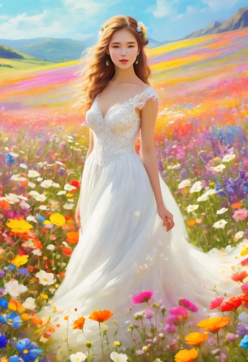 Ridiculous, high resolution, super detailed, (girl:1.3), Put on a wedding dress,(Design flower field scene, With blooming flowers, bright colors, and the feeling of growth and renewal.:1.4)，Dream，Sweet，happiness