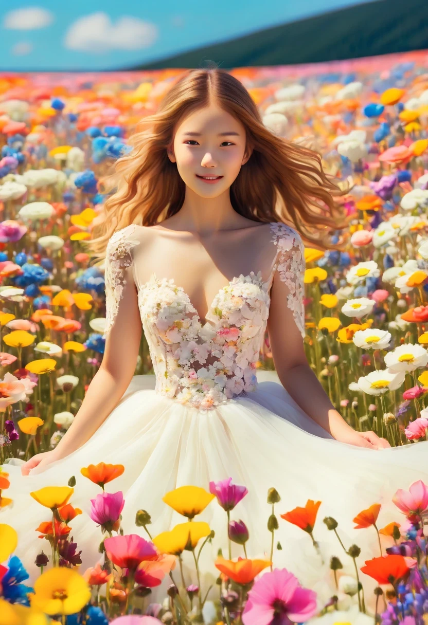 Ridiculous, high resolution, super detailed, (girl:1.3), Put on a wedding dress,(Design flower field scene, With blooming flowers, bright colors, and the feeling of growth and renewal.:1.4)，Dream，Sweet，happiness