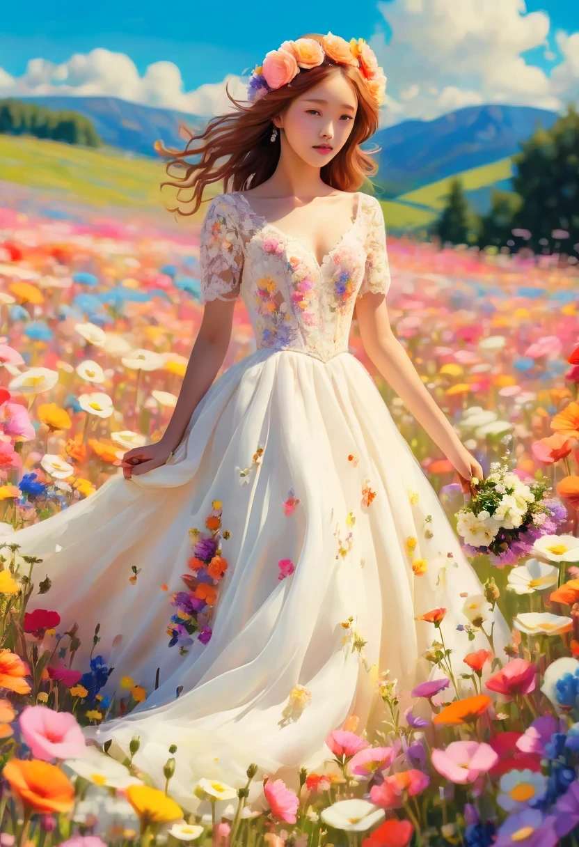 Ridiculous, high resolution, super detailed, (girl:1.3), Put on a wedding dress,(Design flower field scene, With blooming flowers, bright colors, and the feeling of growth and renewal.:1.4),Dream,Sweet,happiness