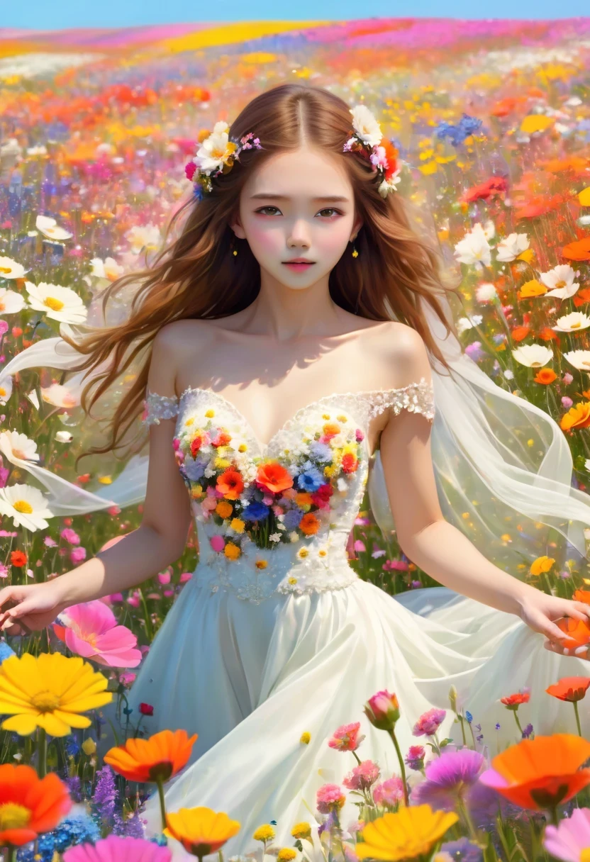 Ridiculous, high resolution, super detailed, (girl:1.3), Put on a wedding dress,(Design flower field scene, With blooming flowers, bright colors, and the feeling of growth and renewal.:1.4),Dream,Sweet,happiness
