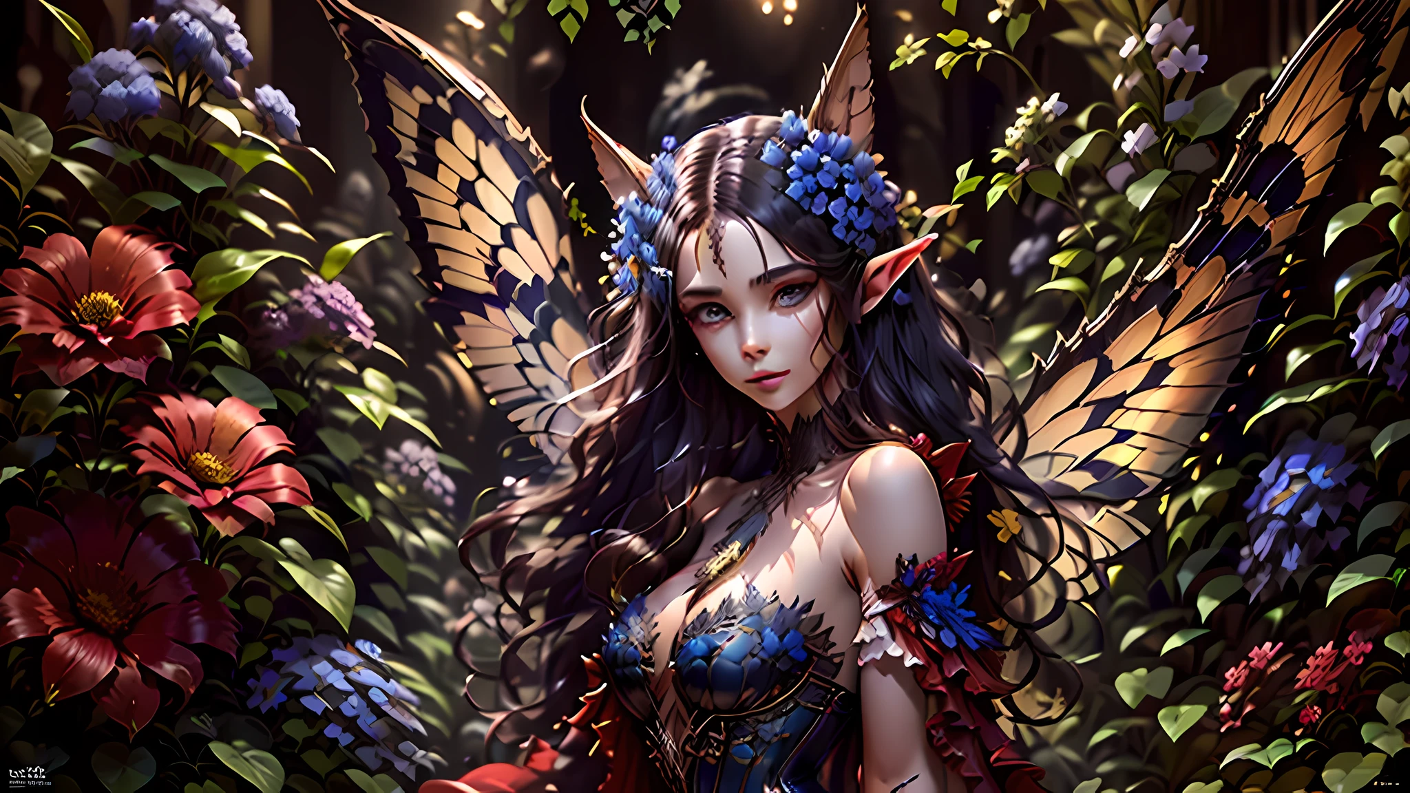 high details, best quality, 16k, RAW, [best detailed], masterpiece, best quality, (extremely detailed), full body, ultra wide shot, photorealistic, dark fantasy art, goth art, RPG art, D&D art, a picture of a dark female fairy resting in a flower meadow, extremely beautiful fairy, ultra feminine (intense details, Masterpiece, best quality), best detailed face (intense details, Masterpiece, best quality), having wide butterfly wings, spread butterfly wings (intense details, Masterpiece, best quality), dark colors wings (intense details, Masterpiece, best quality), black hair, long hair, shinning hair, flowing hair, shy smile, innocent smile, blue eyes, dark red lips, wearing [red] dress latex corset (intense details, Masterpiece, best quality), dynamic elegant shirt, chocker, wearing high heels, in dark colored flower meadow (intense details, Masterpiece, best quality), (red flowers: 1.2) , (black flowers: 1.2), (white flowers: 1.2), (blue flowers: 1.3) [extreme many flowers] (intense details, Masterpiece, best quality), dark colorful flowers (intense details, Masterpiece, best quality), flower meadow in a dark goth field background, dim light, cinematic light, High Detail, Ultra High Quality, High Resolution, 16K Resolution, Ultra HD Pictures, 3D rendering Ultra Realistic, Clear Details, Realistic Detail, Ultra High Definition, DonMF41ryW1ng5XL