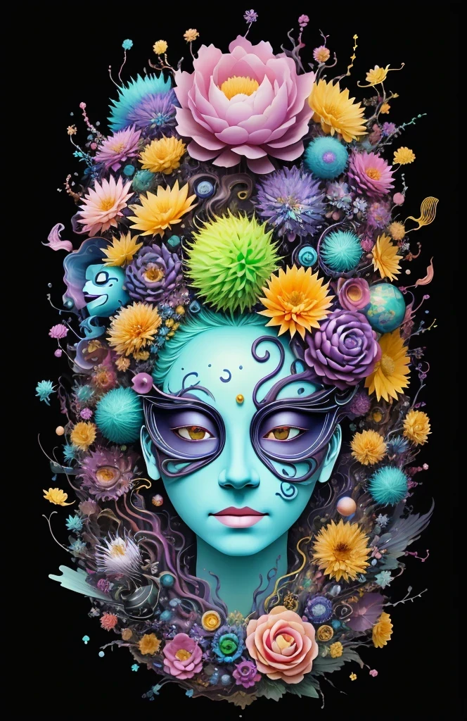 3d mask with various ordinary objects on it,spiky blonde hair,texture, complicated, Dreams bloom like flowers，ayahuasca，old tree，bubble，small fish，Gorgeous, shadow, pastel colors, 3d, mask, Very detailed, Deco, tim burton, salvador dali, Cheng Xiaolong, Cyril Rolando, inspired by J. d. lasso, 3d stereoscopic，pop color style, Portrait photo surrounded by orbiting planetary satellites, green hair spiky hair, make me jealous, Mark Leyden, Alberto Seveso, creek shade, Anna Dietman, Flora Bossi, 8k resolution, perfect composition, Milky Way, rainbow colors, flying insects, scales, wing, blue, texture, complicated, Gorgeous, shadow, pastel colors,mask， 3d, Very detailed, Deco, tim burton, Dale Chihuly, Xiaolongcheng, Cyril Rolando, by J. Jitter，flower sky，artwork，display stand，sculpture，Craftsmanship，artwork，