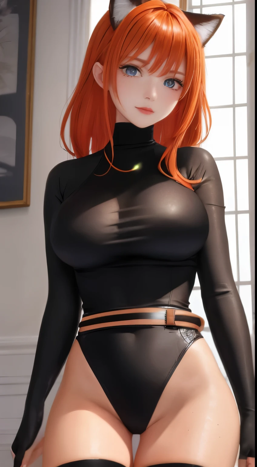 milf, masterpiece, Best quality, ultra detailed, beautiful lighting, 1 girl, orange hair, cat ear, green eyes, freckles, turtleneck top, Looking at the viewer, detailed black stockings with belt, Juicy ass