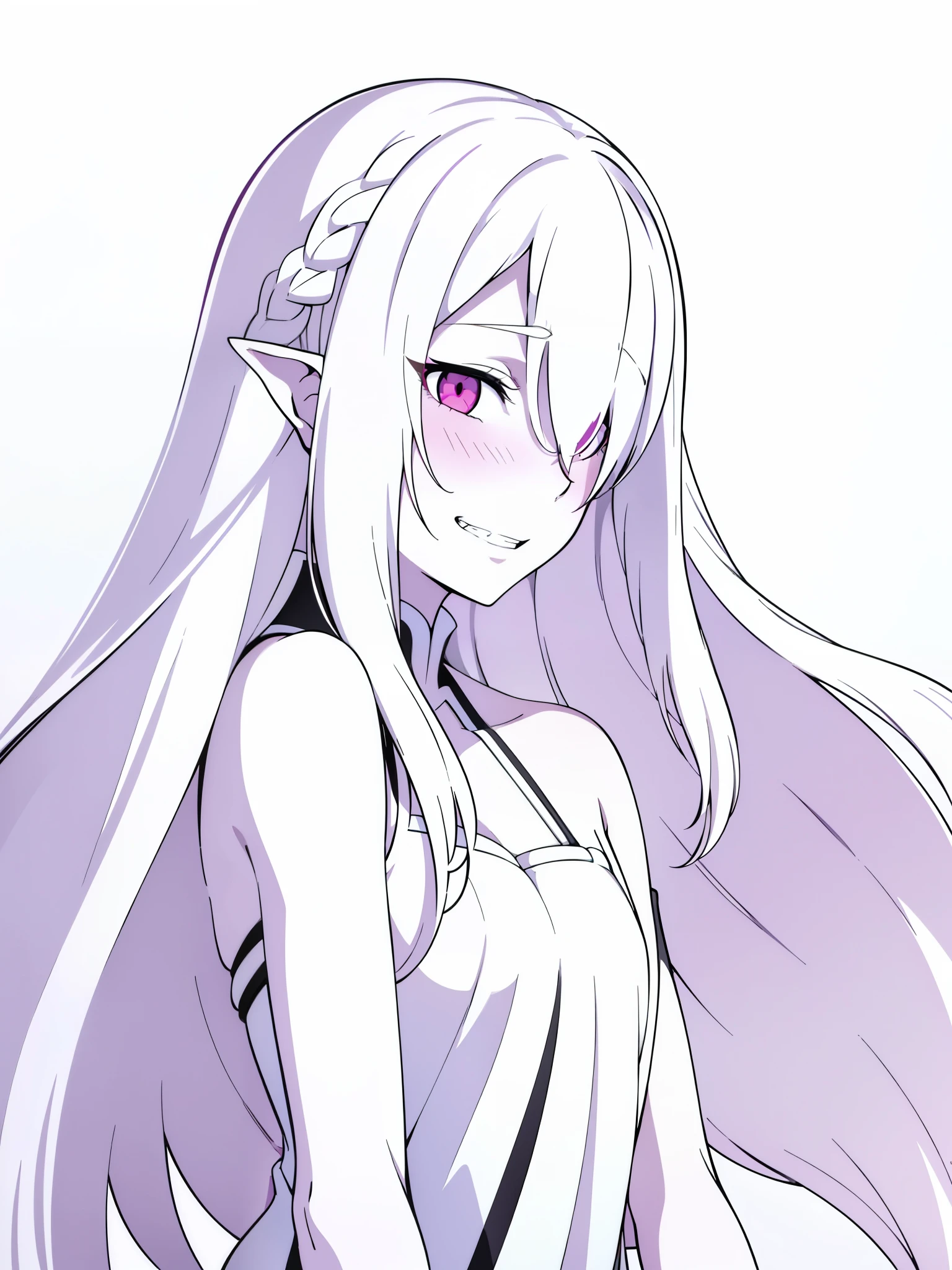 (1 girl,20s,mature female),long hair,solo,white hair,long hair,(((hair over one eye))),(((white skin,pale skin,colored skin))),elf ear,,sharp teeth,((,yandere,grin)),pink eyes,(white background),((profile)),portrait,full-face blush,blush