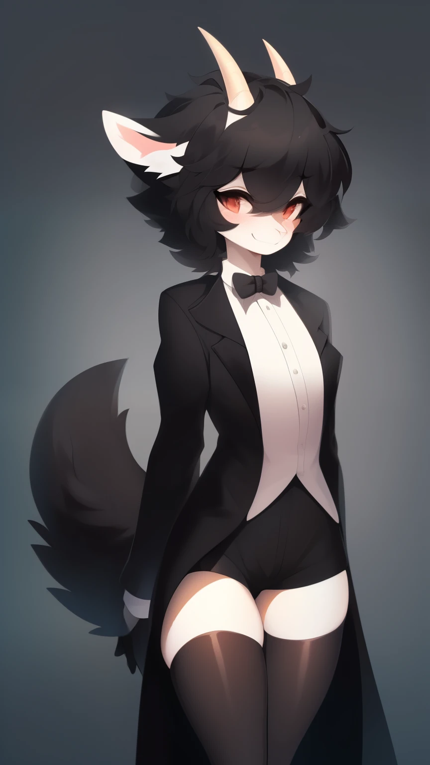 Best quality, Super detailed illustration, (fluffy goat boy:1.4), (matte black fur color:1.4), feminine face and body, disheveled thick hair, elegant outfit with bow tie, tailcoat, short shorts, Tight stockings, shy smile, Femboy, small waist, wide hips, Slim, Perfect body, long demon tail