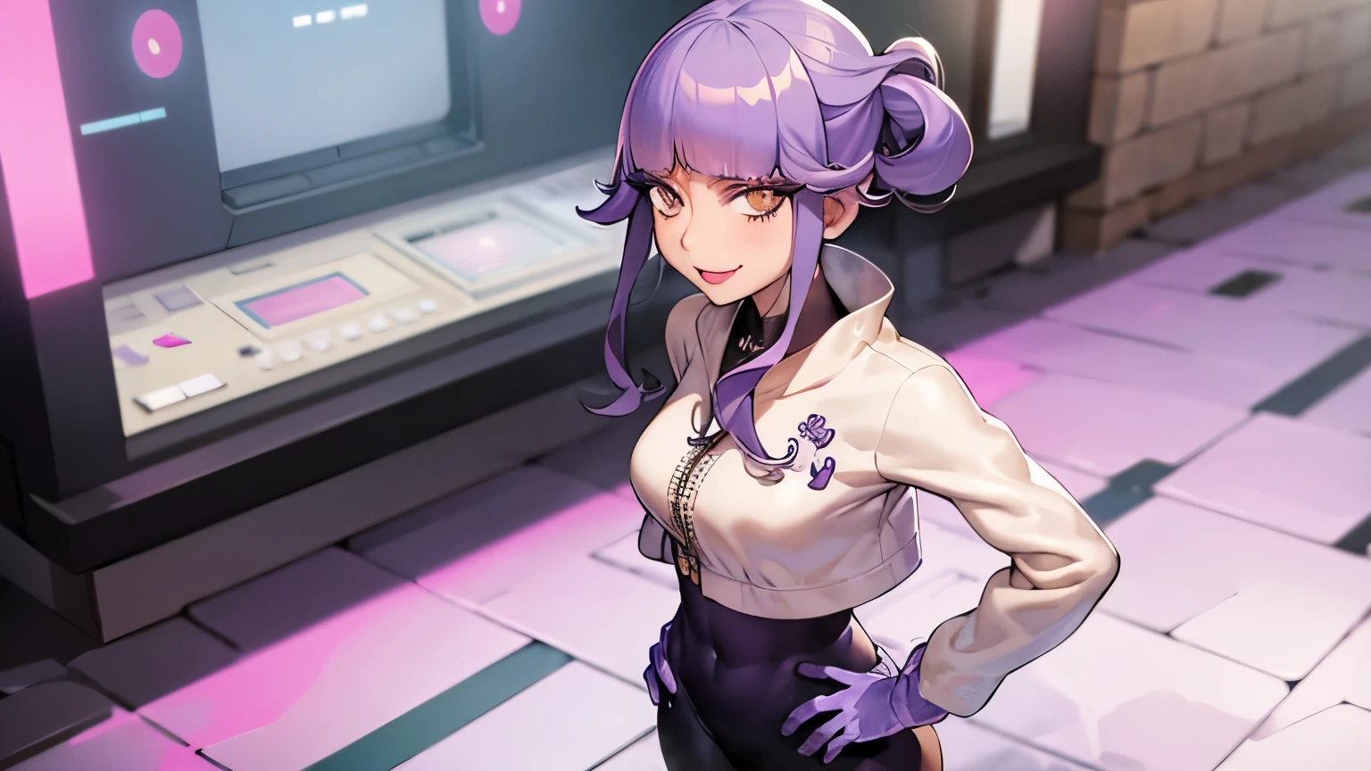 masutepiece, Best Quality, absurderes, Perfect Anatomy, 1girl in, Solo, Tulip, brown eyes, Violet hair, white jacket, white cyberpunk clothes, violet gloves, Standing, Hands on hips, Smile, arcade scene, Data Stream.