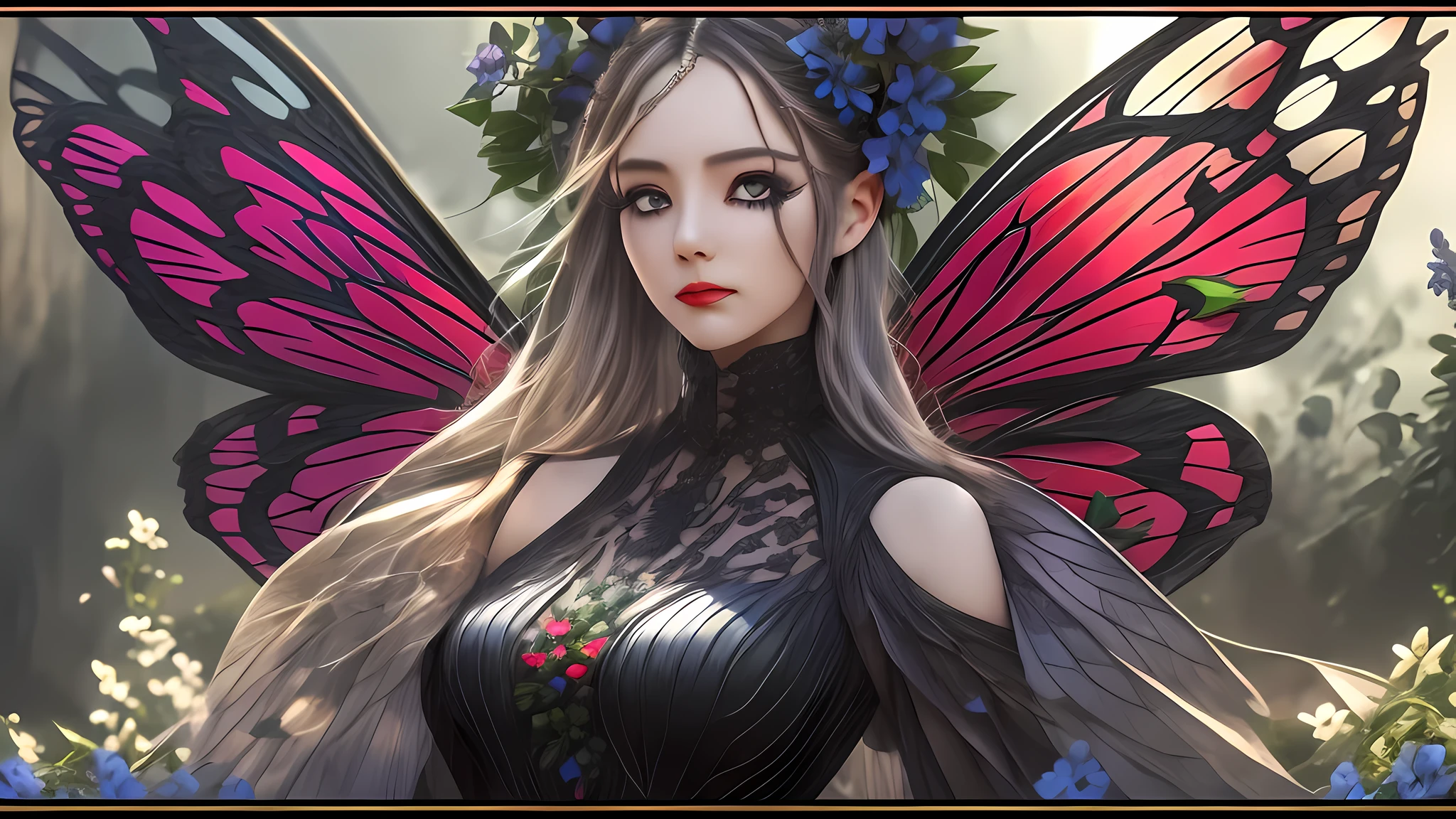 high details, best quality, 16k, RAW, [best detailed], masterpiece, best quality, (extremely detailed), full body, ultra wide shot, photorealistic, dark fantasy art, goth art, RPG art, D&D art, a picture of a dark female fairy resting in a flower meadow, extremely beautiful fairy, ultra feminine (intense details, Masterpiece, best quality), best detailed face (intense details, Masterpiece, best quality), having wide butterfly wings, spread butterfly wings (intense details, Masterpiece, best quality), dark colors wings (intense details, Masterpiece, best quality), black hair, long hair, shinning hair, flowing hair, shy smile, innocent smile, blue eyes, dark red lips, wearing [red] dress latex corset (intense details, Masterpiece, best quality), dynamic elegant shirt, chocker, wearing high heels, in dark colored flower meadow (intense details, Masterpiece, best quality), (red flowers: 1.2) , (black flowers: 1.2), (white flowers: 1.2), (blue flowers: 1.3) [extreme many flowers] (intense details, Masterpiece, best quality), dark colorful flowers (intense details, Masterpiece, best quality), flower shop in a dark goth era street background, dim light, cinematic light, gaslight lamp light, High Detail, Ultra High Quality, High Resolution, 16K Resolution, Ultra HD Pictures, 3D rendering Ultra Realistic, Clear Details, Realistic Detail, Ultra High Definition