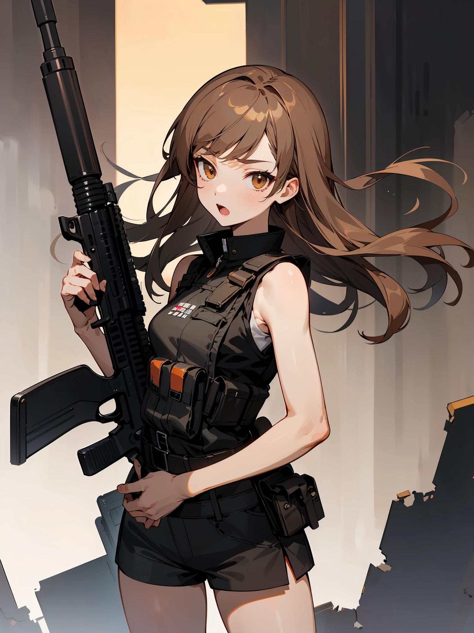 ((fine lineart)), (masterpiece,best Quality),extremely beautiful detai led anime face and eyes,cowboy shot,gal.safetensors,20-year-old、Beauty,monster hunter、solo, brown hair,long hair,brown eyes,Small open mouth、slender body,very small head、medium breasts,brown skin,gleaming skin,oily skin,shiny skin,walk,(Black combat uniform,black tactical vest、sleeveless),carry an automatic rifle、black Micromini shorts,Collapsed high-rise buildings、apocalyptic world、Ruined Tokyo、moonlight、at night、
