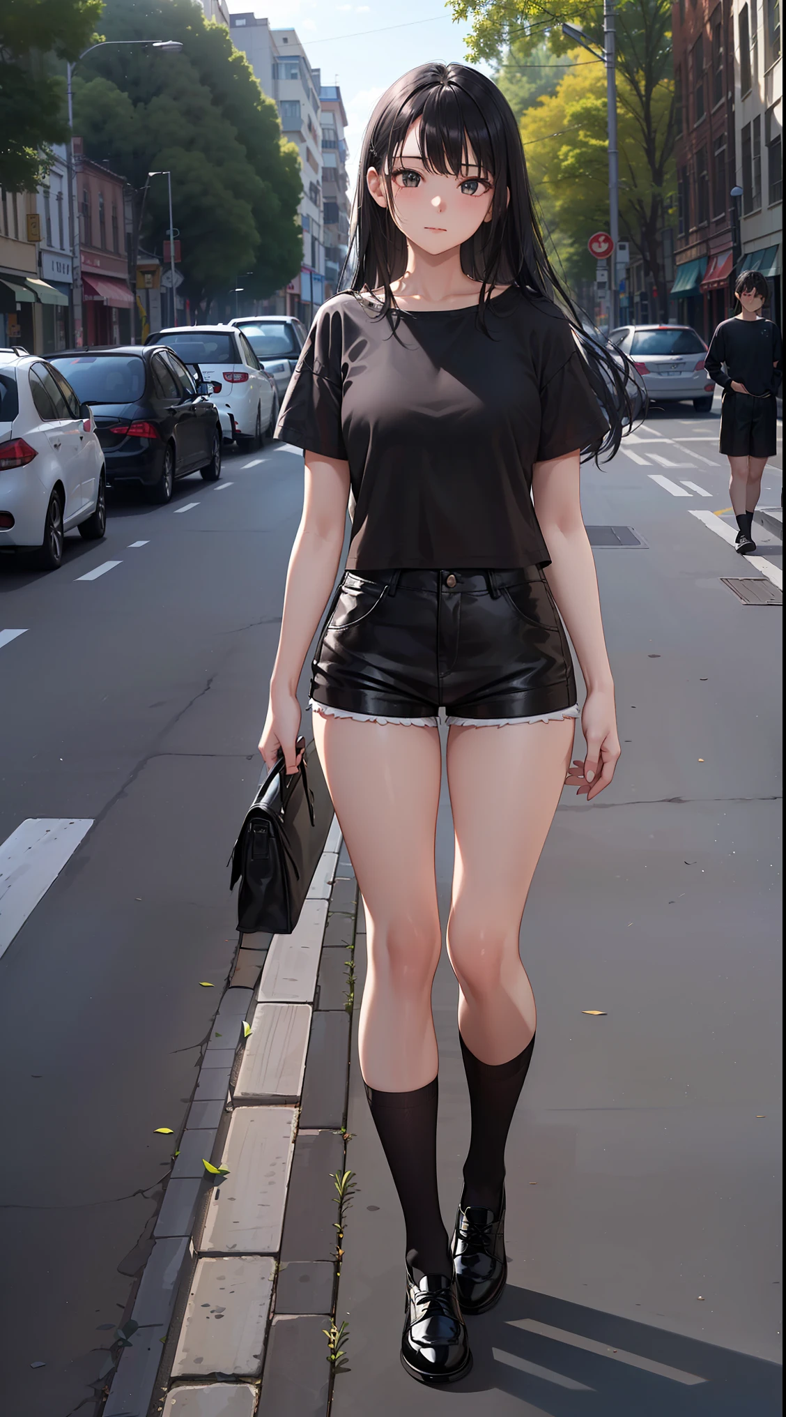 (8k, original photography, best quality,)a girl,16 years old,Slim,long black hair,Qi bangs,White short sleeves,short shorts,((black knee socks)),Black low-top leather shoes,summer,evening,on the street,(full-body shot)