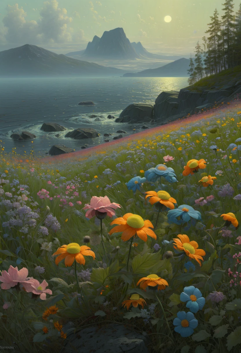 sea of flowers, by Theodor Kittelsen, (best quality, masterpiece, Representative work, official art, Professional, Ultra intricate detailed, 8k:1.3)