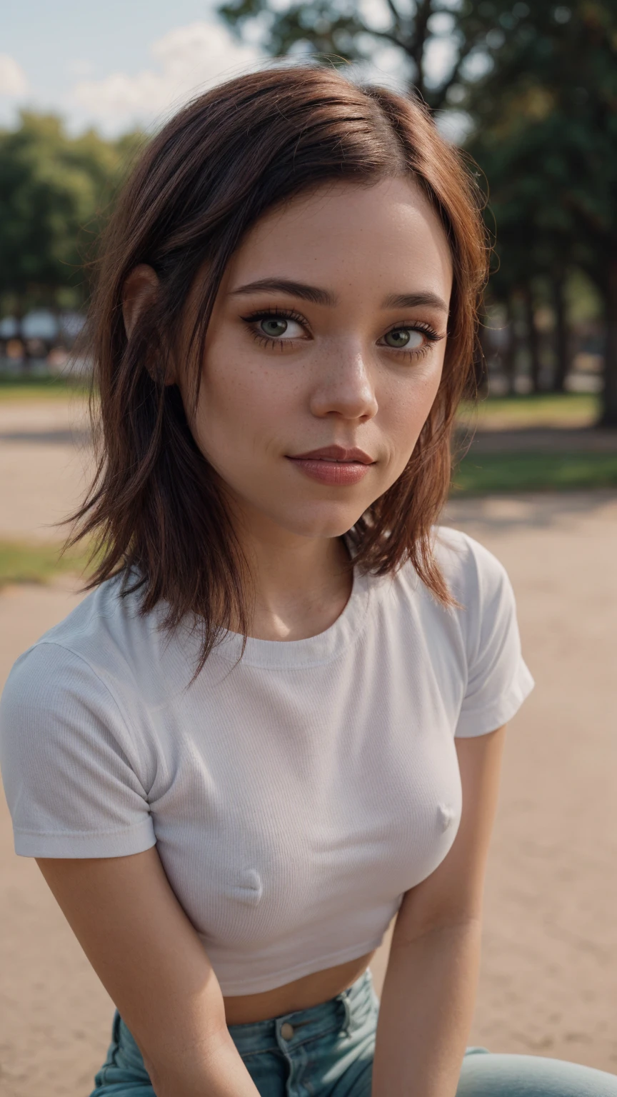 jortega:1.5(women), ((ultra quality)), ((tmasterpiece)), Gwen Tennyson, ((Red, extremely short hair)) (Beautiful cute face), (beautiful female lips), Charming, ((aroused expression)), looks at the camera with a gentle smile, eyes are slightly closed, (skin color white), Body glare, ((detailed beautiful female eyes)), ((dark green eyes)), (juicy female lips), (beautiful female hands), ((perfect female figure)), perfect female body, Beautiful waist, gorgeous big thighs, Beautiful little breasts, ((Subtle and beautiful)), seductively sits, (closeup face), (Gwen clothes, White pants, white T-shirt blue sleeves) background: city park, Beautiful sunset, ((Depth of field)), ((high quality clear image)), (crisp details), ((higly detailed)), Realistic, Professional Photo Session, ((Clear Focus)), the anime