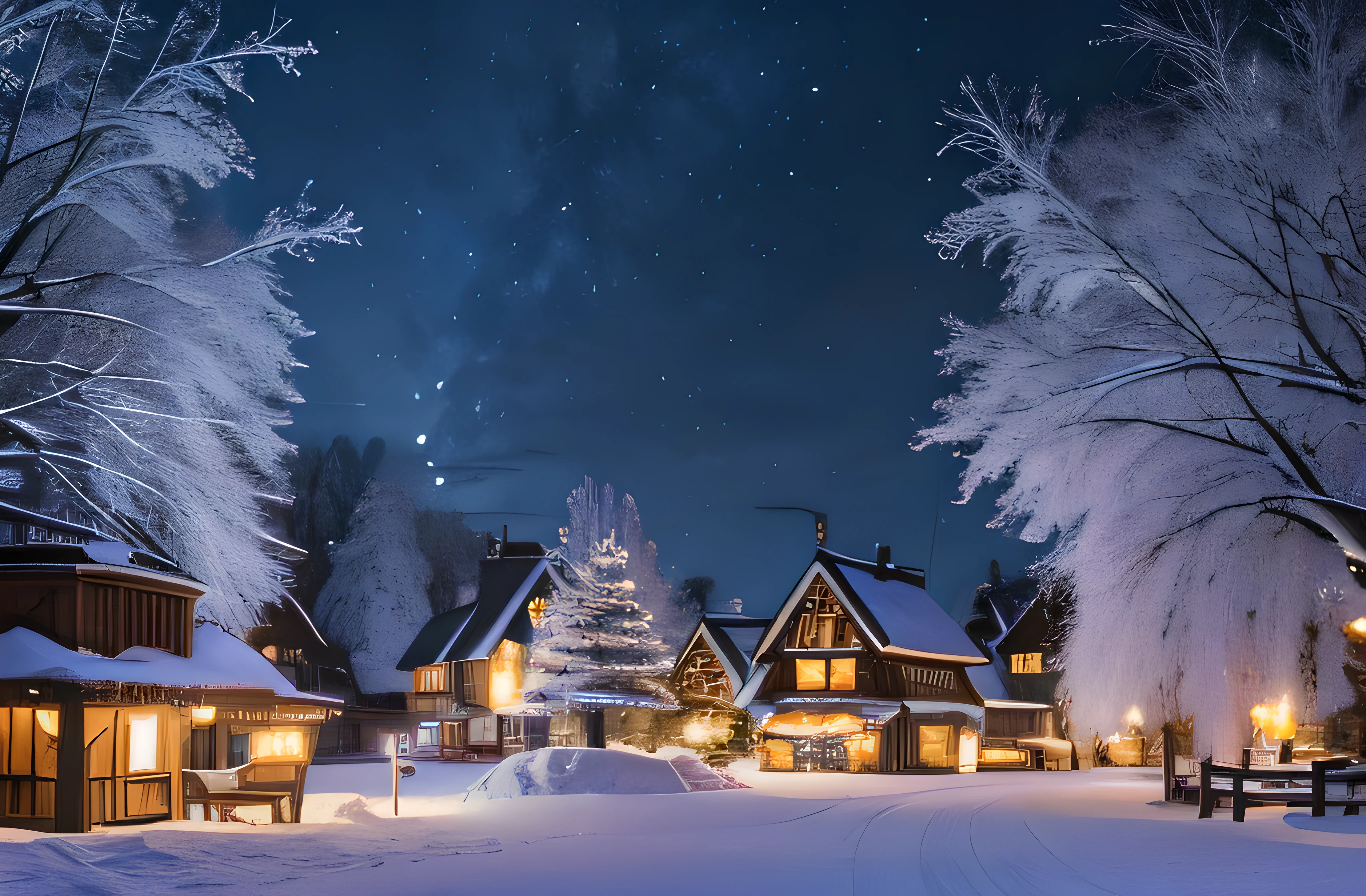 Wonderland Village，Village view，Lots of snow on the ground, magical village, well-lit building, Snowy winter,blanketed in a mantle of snow, quaint village, winter setting, Suffocating, very magical and dreamy, ,It will snow in winter,natural, Cold but beautiful,