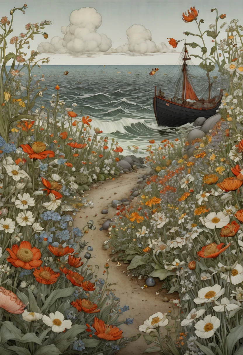 sea of flowers, by Richard Scarry, (best quality, masterpiece, Representative work, official art, Professional, Ultra intricate detailed, 8k:1.3)