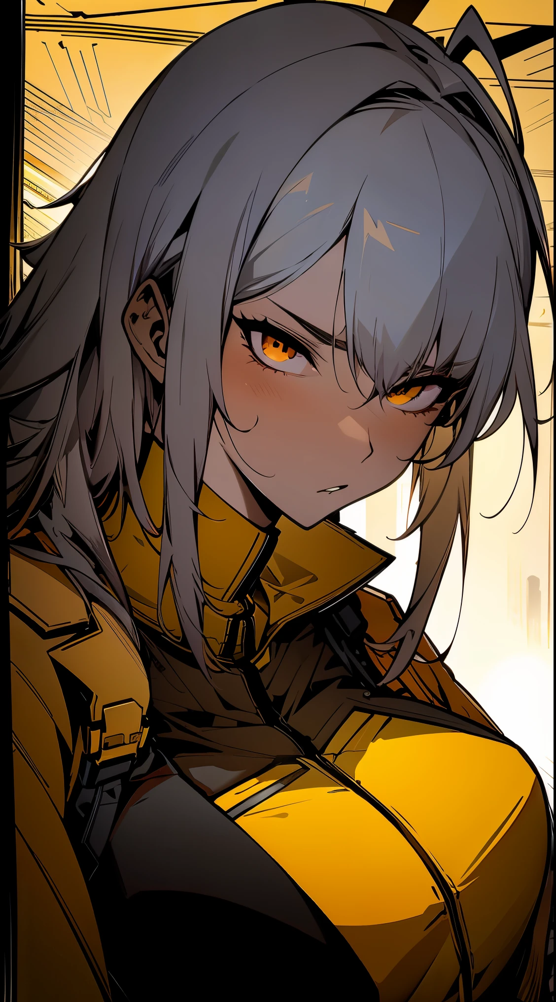 (High resolution), (in 8K), (Extreme Detail), (Best Illustration), (beautiful detail), (Best Quality), (masuter piece), ( Detailed face), (black and yellow jacket、cargo pants)full body 、sitting on a pill of box, red eyes, white hair、poneyTail、 Realistic fantasy rendering, Realistic anime girl rendering, Full body portrait, popular in CGSTATION、cyberpunk city、、、bored look、angry、hot air、Looking at the camera