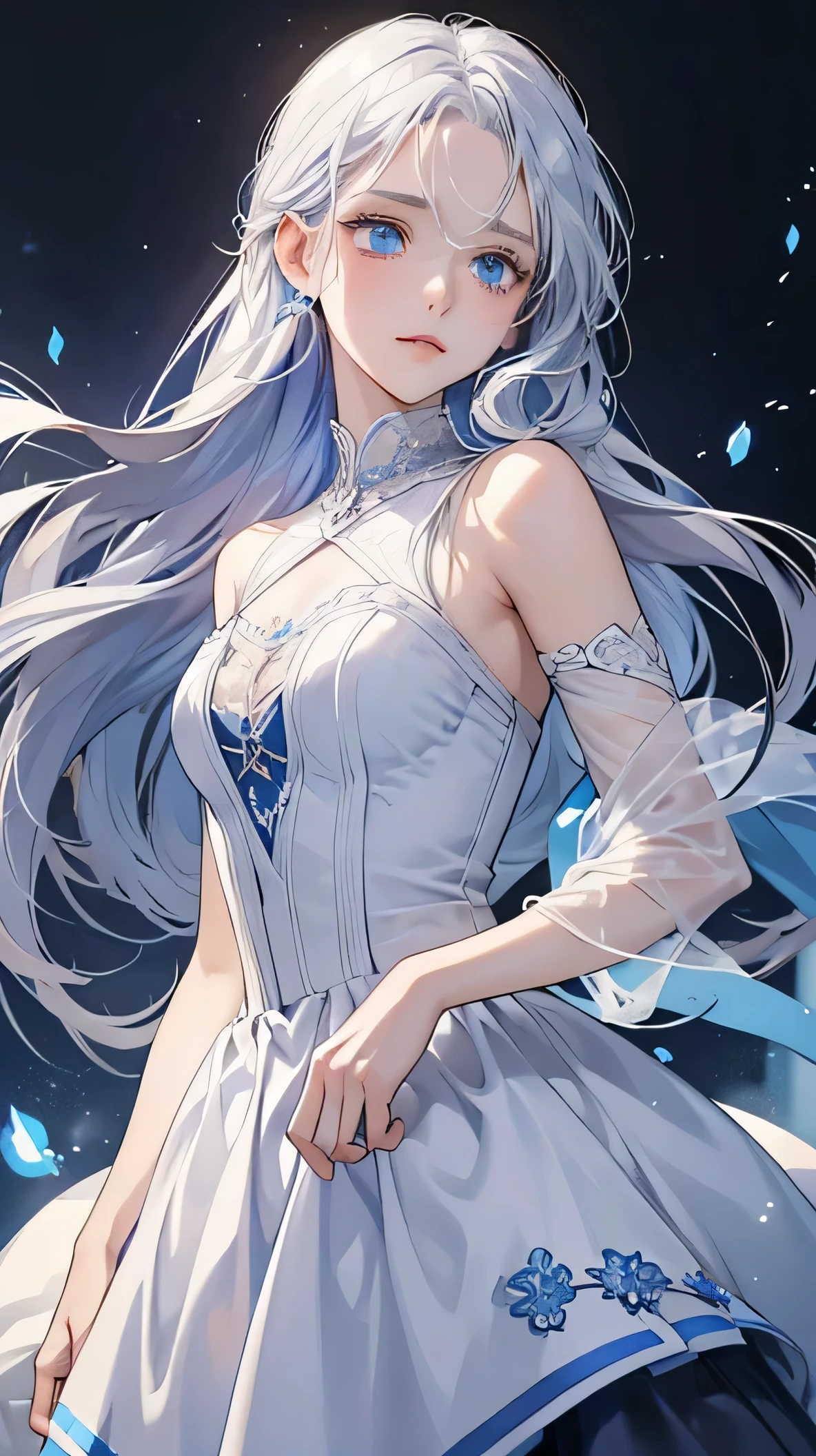 파란 눈과 은빛 머리를 가진 girl, The heroine of a romantic fantasy novel. girl, Who is cursed as a puppet??, He broke free and found his freedom.. The background is black. girl emits a radiant light. her blue eyes shine brightly. She is wearing a white silk dress. Only upper body shown.