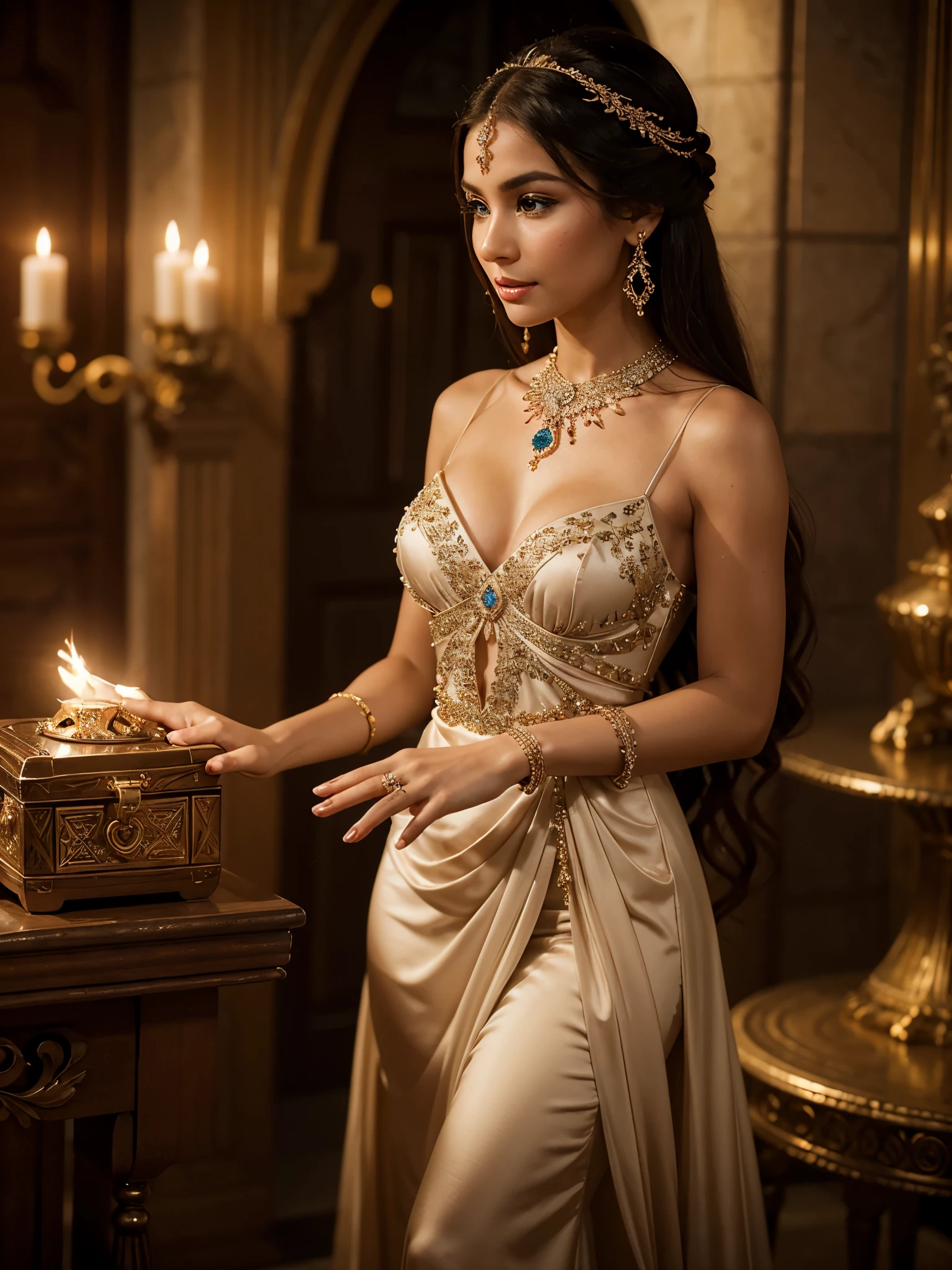 The beautiful Pandora, adorned in intricate jewelry and a flowing dress, eagerly reaching for the lid of the mysterious box, her eyes filled with wonder and anticipation