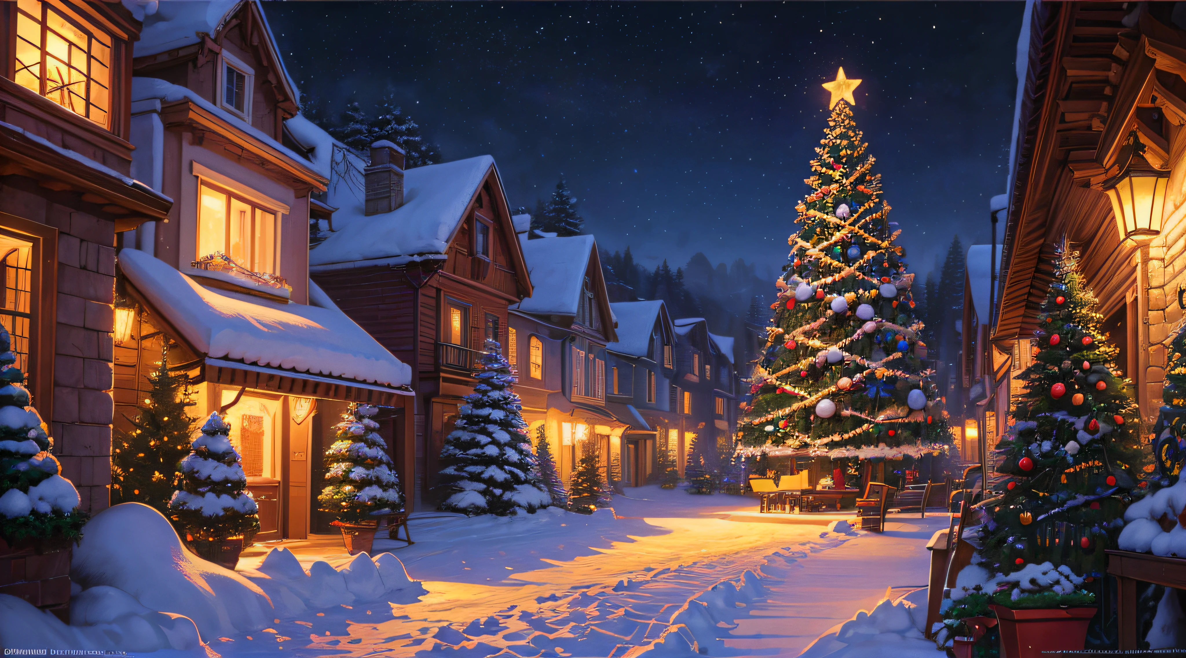 villaggio di Natale con un albero di Natale e una slitta piena di regali, notte di Natale, notte di Natale invernale innevato, ( ( thomas kinkade ) ), (((thomas kinkade))), sfondo HD, di Thomas Kinkade, di thomas kinkade, thomas kinkade dipinto, di artista senior, bellissimo!!!, 🕹️ 😎 🔫 🤖 🚬, tomas kinkade