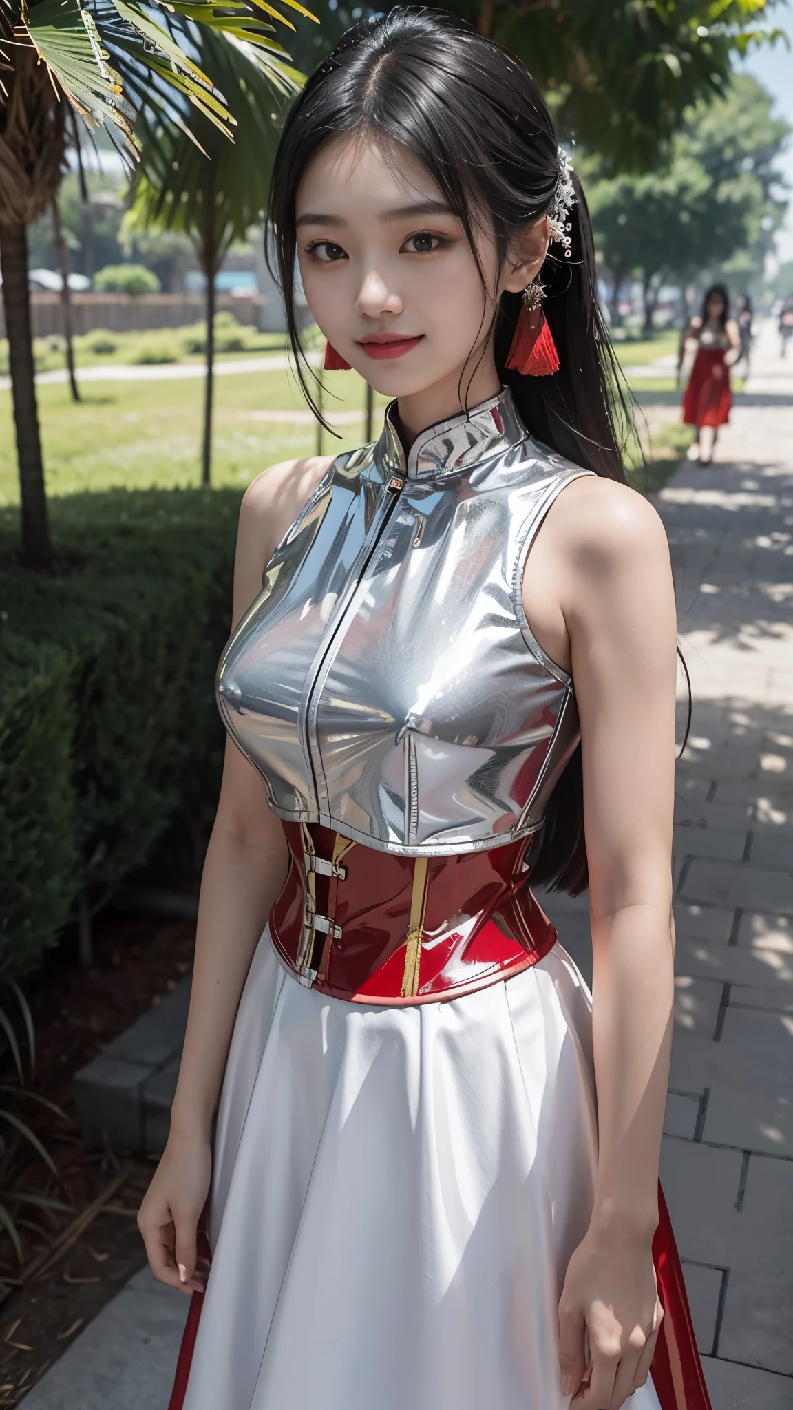 -yeld Chse girl with a square face shape, wearing a shiny, highly reflective latex/plastic white crop corset paired with an red Indian lehenga. She stands in the middle of a path with leading lines directing the viewer's gaze straight to her. Under hard shadows, she smiles, looking directly towards the viewer.