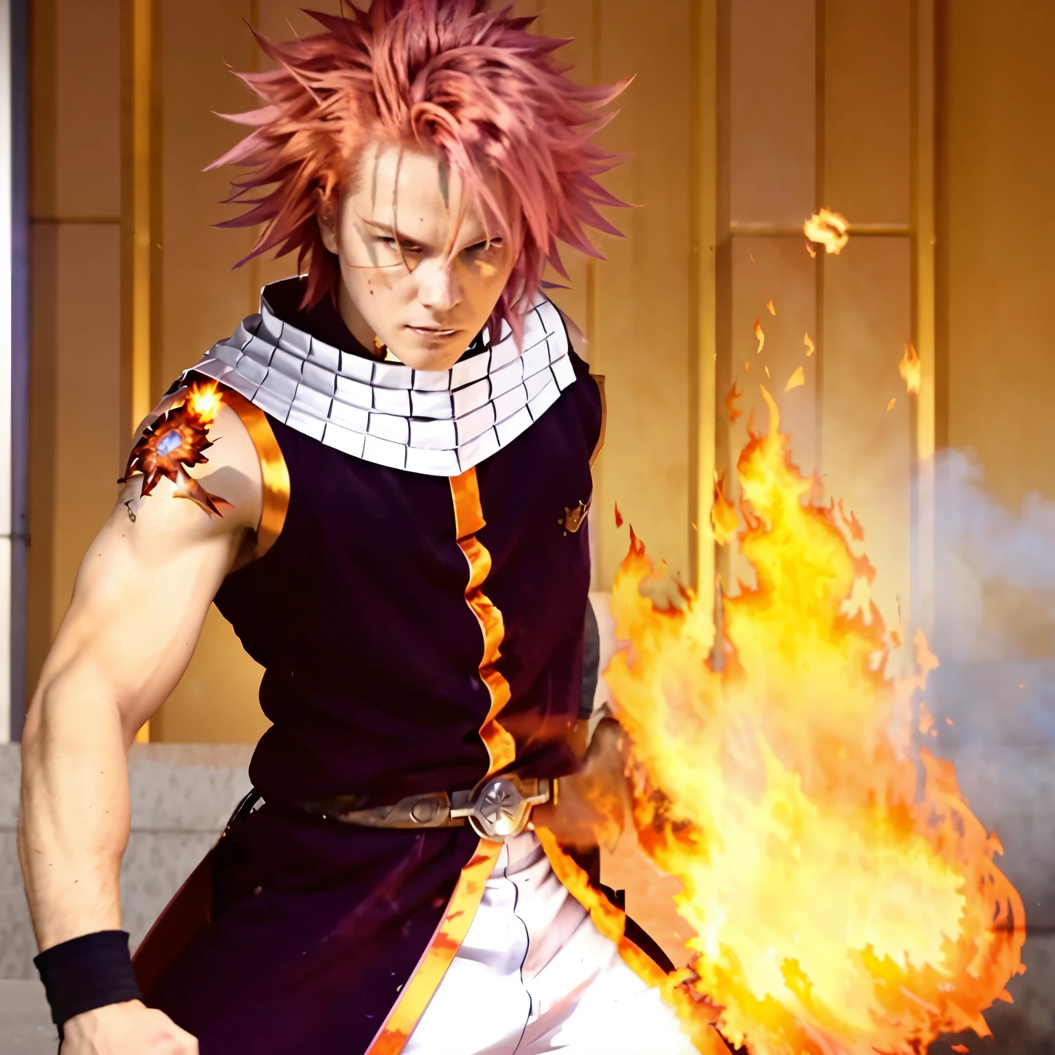 a close up of a person with a pink hair and a white shirt, fire!! full body, (fire), badass pose, best anime character design, wallpaper!, wielding a flaming sword, fire powers, scene!!, wielding fire, full colored, nighttime!!, fire behind him, has fire powers, he's very menacing and evil, blazing infero