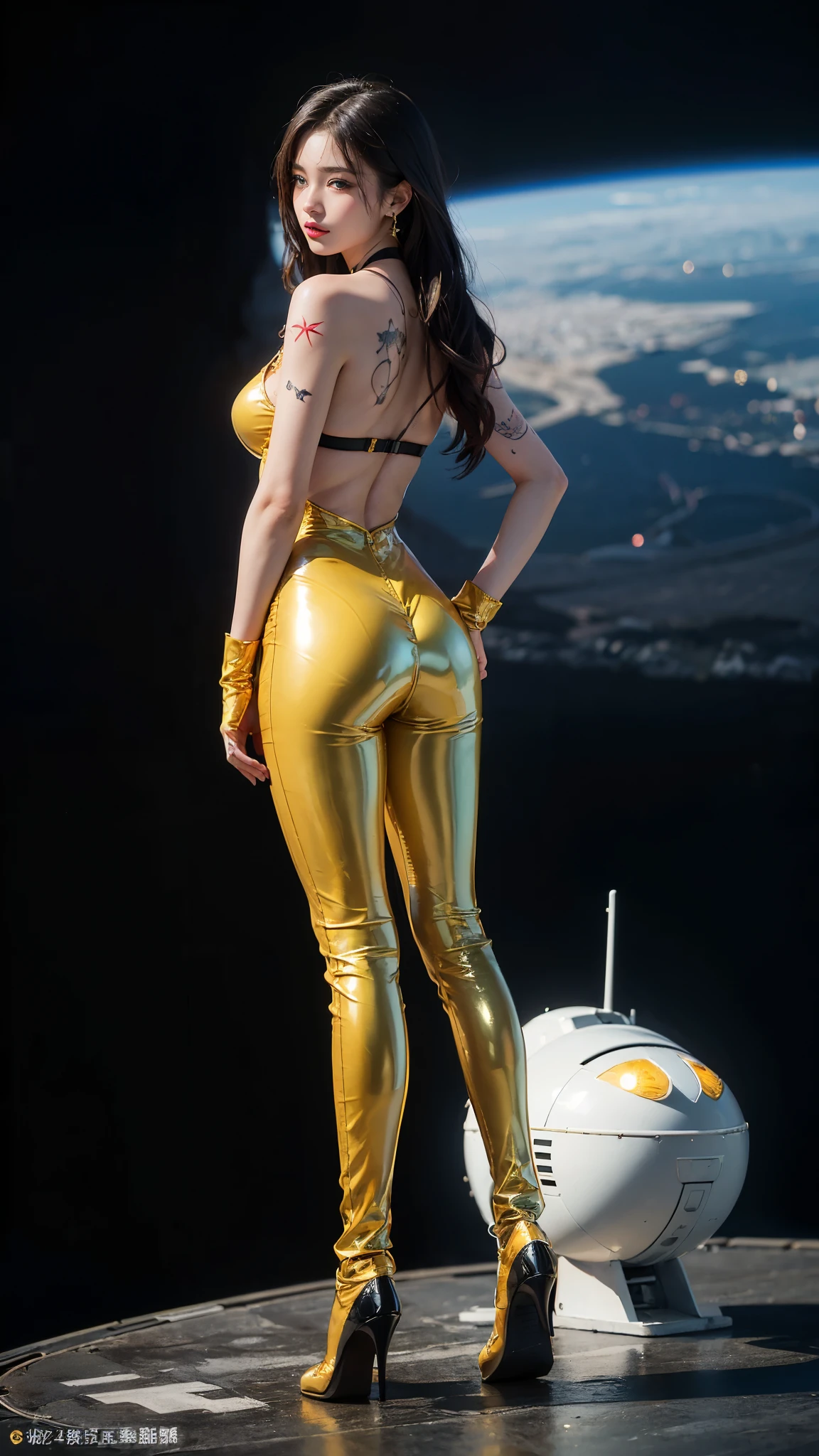 ((masterpiece:1.4)、(highest quality:1.4)、(realistic:1.7))、master piece:1.4、(Finest rendering:1.4)、(Yuki, the beautiful navigator of Space Battleship Hikari:1.4)、Super beautiful航海士Yuki、(Written by Luis Royo:1.4)、(Uniforms that highlight your beautiful style:1.2)、(Futuristic sci-fi battle fashion:1.2)、(street style wear)、(tight fit pants)、(Luxurious shiny latex:1.4)、(luxury yellow latex:1.4)、19 years old、(cute tattoo:1.4)、(wearing yellow gloves)、cute girl、Super beautiful、(seductive pose)、sharp focus、portrait photography:1.4、8k、realistic photo images:1.4、(perfect female body:1.4)、perfect proportions、(standing:1.4)、(full body photography:1.4)、beautiful face、fearless look、beautiful eyes、(A girl with a beautiful body that emphasizes her slender abdominal muscles)、narrow waist、(9 life size beautiful style girl)、(Beautiful girl with long legs and good style:1.4)、beautiful feet、(long hair:1.2)、dark makeup、eye shadow、Glow eye、glow lip、beautiful breasts、big breasts:1.2、sexy butt、(standing facing forward:1.4)、Raw photo、red lips、yellow high heels:1.4、choker:1.4、necklace:1.4、earrings:1.4、1 screen display、Space Battleship Hikari's bridge:1.2