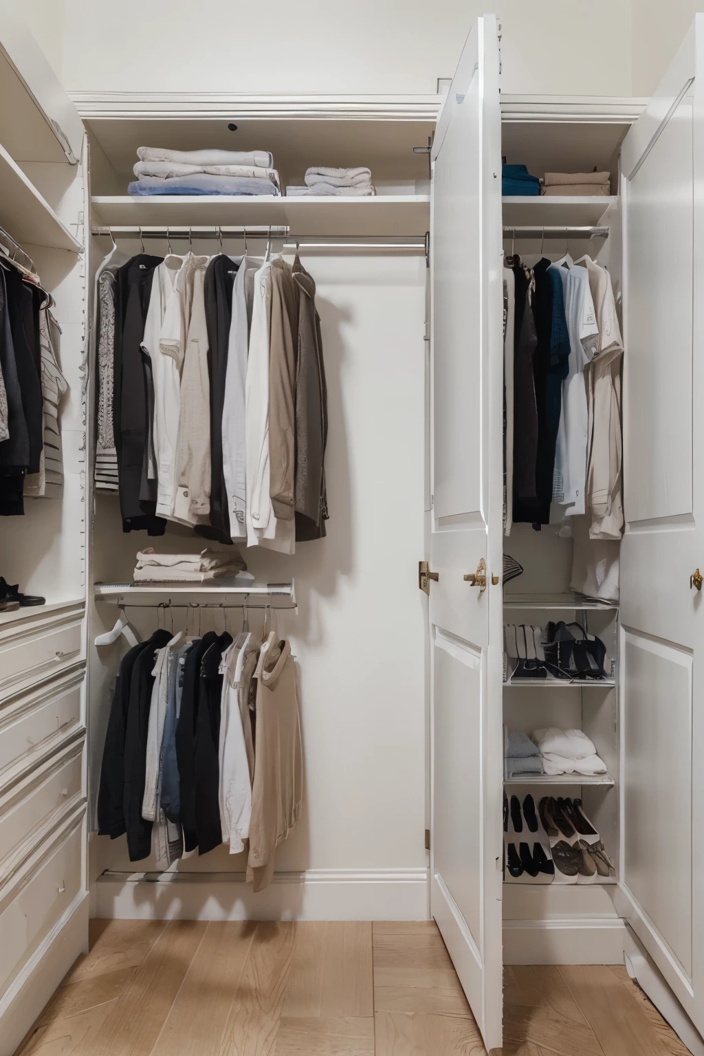 (best quality,ultra-detailed,realistic:1.37),4-door white closet,spacious closet with shelves,fashionable clothes hanging inside,neatly organized shoes,soft lighting,modern and sleek design,portraits,light color palette,luxurious atmosphere