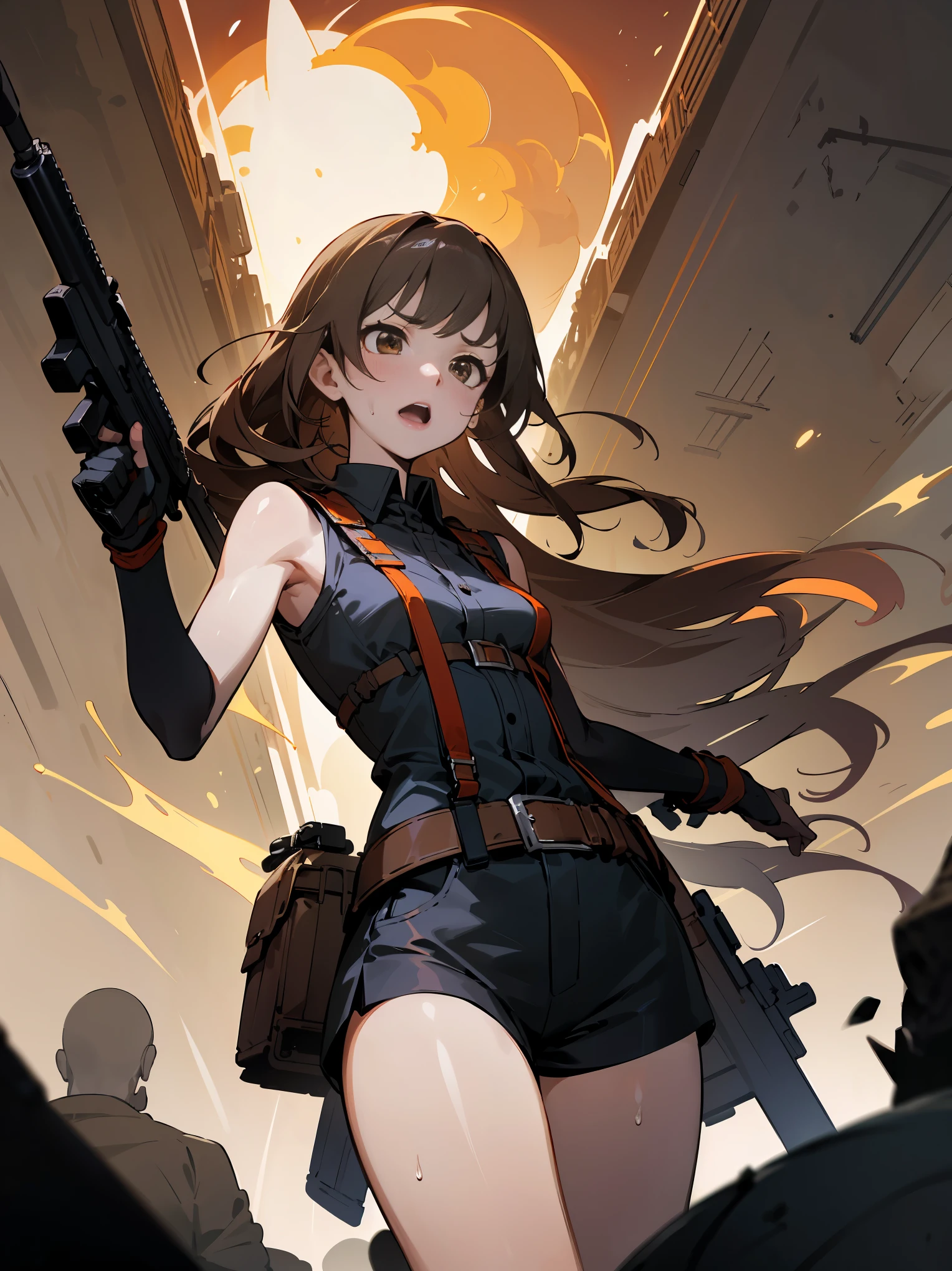 ((fine lineart)), (masterpiece,best Quality),extremely beautiful detai led anime face and eyes,cowboy shot,gal.safetensors,20-year-old、Beauty,monster hunter、solo, brown hair,long hair,brown eyes,open mouth,surprised expression、It hurts、slender body,very small head、medium breasts,brown skin,gleaming skin,oily skin,shiny skin,sweat,action pose、caught in a blast,(Black combat uniform,black tactical vest、sleeveless),carry an automatic rifle、black Micromini shorts、the ground explodes、bomb,Collapsed high-rise buildings、apocalyptic world、Ruined Tokyo、moonlight、at night、