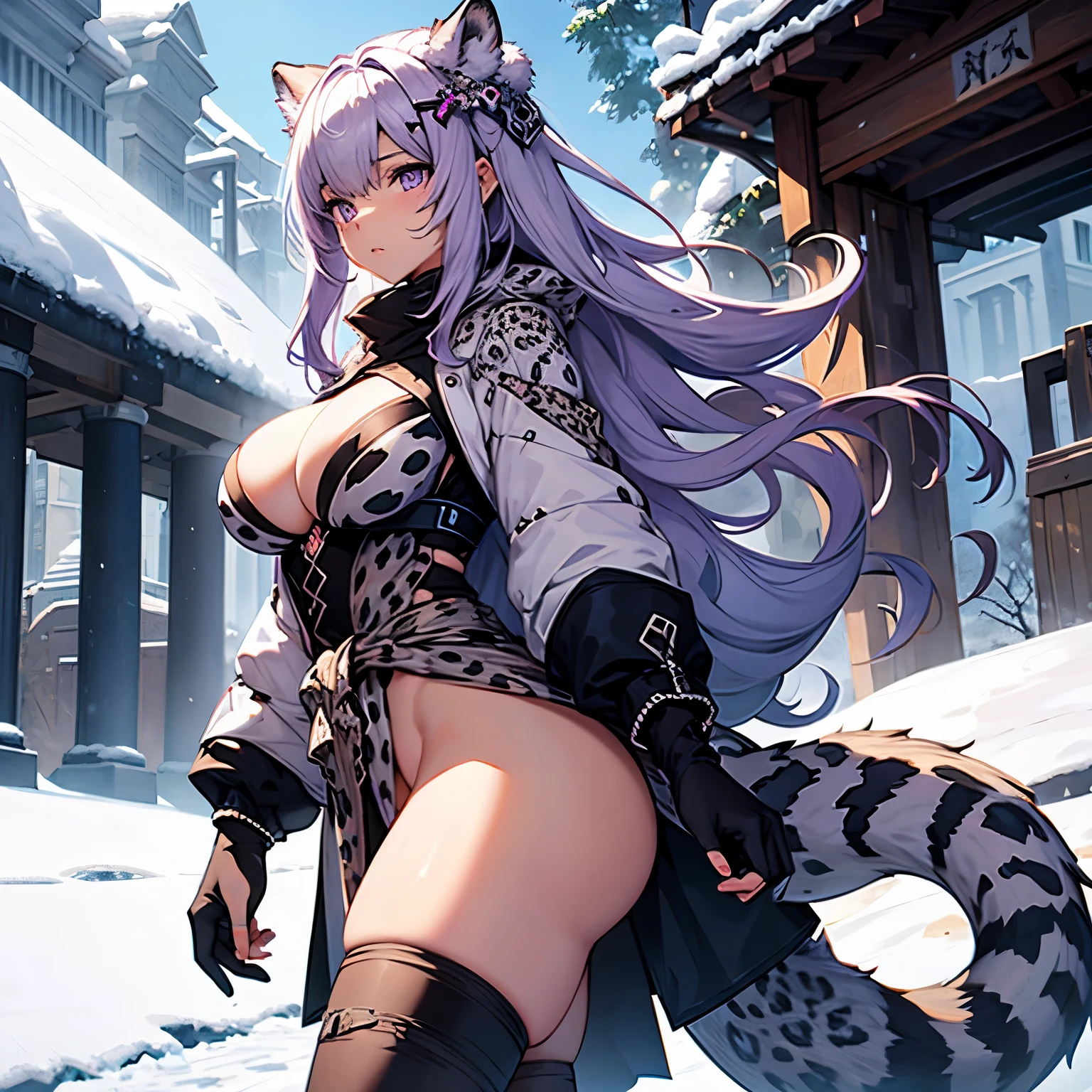 Female snow leopard human hybrid, snow leopard ears and tail, purple eyes, thick thighs, big breasts and ass, small waist