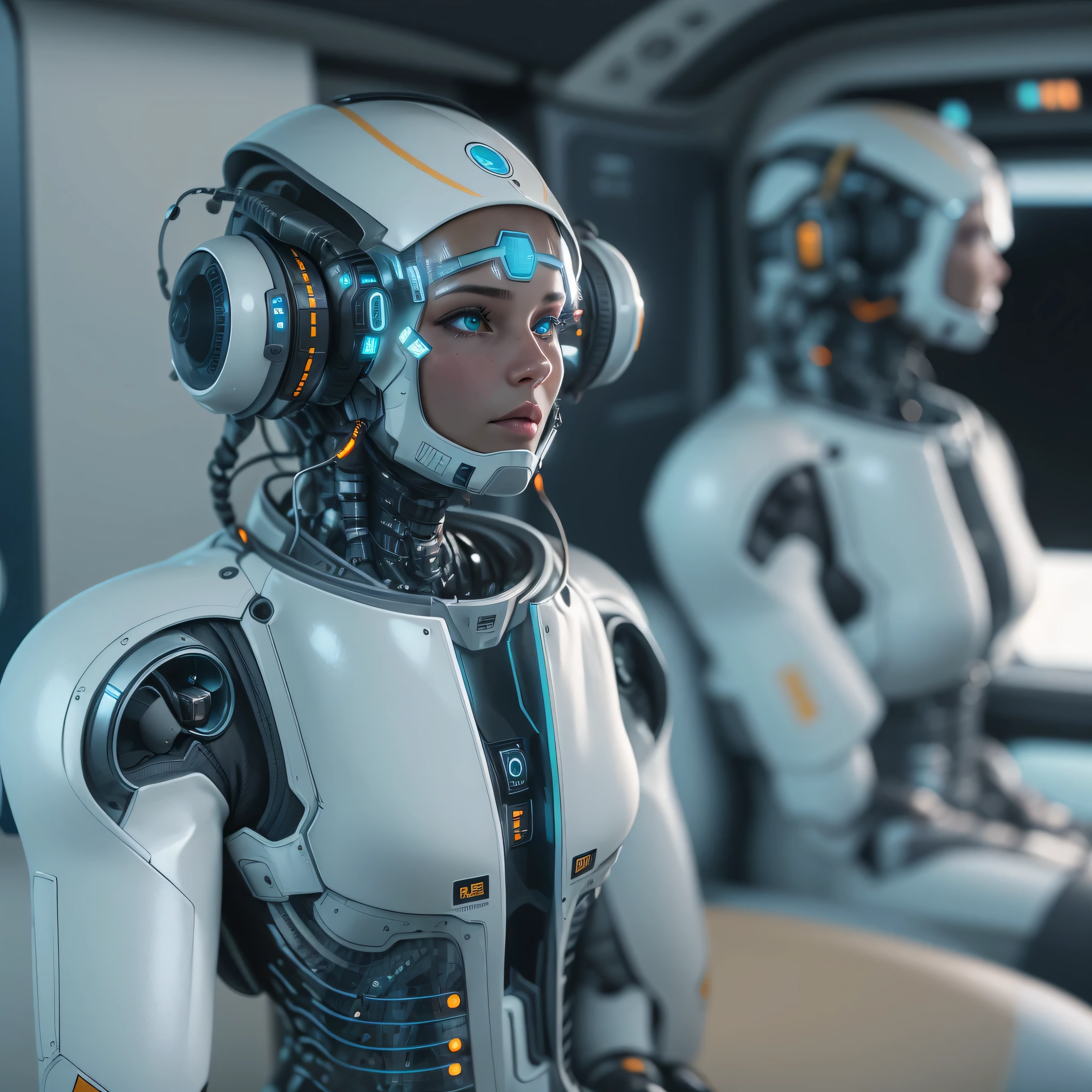 An artificial intelligence Pilot robot, in a Plane, and the robot is wearing a pilot's uniform, Pilot hat, photo-realistic, octane render, unreal engine, ultra-realistic