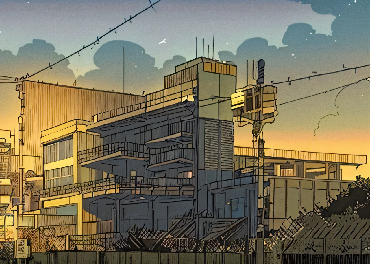there is a picture of a building with a fence, jamie hewlett art, hq very detailed, metal gear solid concept art, by Hasegawa Settan, by Jamie Hewlett, sharp focus illustration hq, style of madhouse studio anime, aerial viewyoji shinkawa, by Kentaro Miura