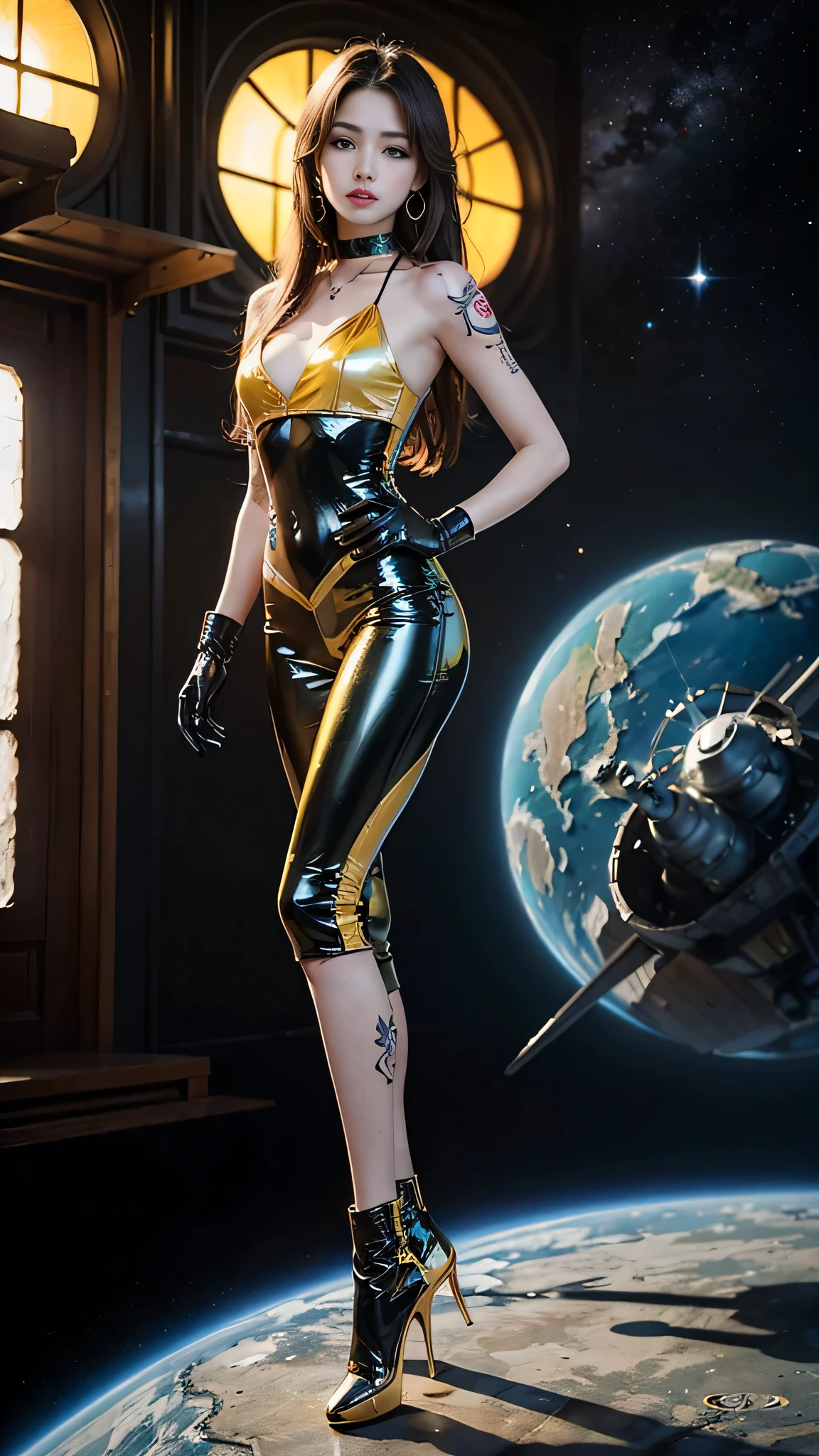 ((masterpiece:1.4)、(highest quality:1.4)、(realistic:1.7))、masterpiece:1.4、(Finest rendering:1.4)、(Yuki, the beautiful navigator of space battleship hikari:1.4)、super beautiful航海士Yuki、(Written by Luis Royo:1.4)、(Uniforms that highlight your beautiful style:1.2)、(Futuristic sci-fi battle fashion:1.2)、(street style clothing)、(tight fit pants)、(luxury shiny latex:1.4)、(luxury yellow latex:1.4)、19 years old、(cute tattoo:1.4)、(wearing yellow gloves)、pretty girl、super beautiful、(seductive pose)、sharp focus、portrait photography:1.4、8k、realistic photo images:1.4、(perfect female body:1.4)、perfect proportions、(Are standing:1.4)、(full body photo:1.4)、beautiful face、A fearless expression、beautiful eyes、(A girl with a beautiful body that emphasizes her slender abdominal muscles)、tight waist、(9 life-size style beautiful girl)、(Beautiful girl with long legs and good style:1.4)、beautiful feet、(long hair:1.2)、dark makeup、eye shadow、Glow eye、glow lip、beautiful breasts、big breasts:1.2、sexy ass、(Are standing facing forward:1.4)、RAW photo、red lips、Yellow high heels:1.4、choker:1.4、necklace:1.4、earrings:1.4、1 screen display、space battleship hikari'bridge:1.2
