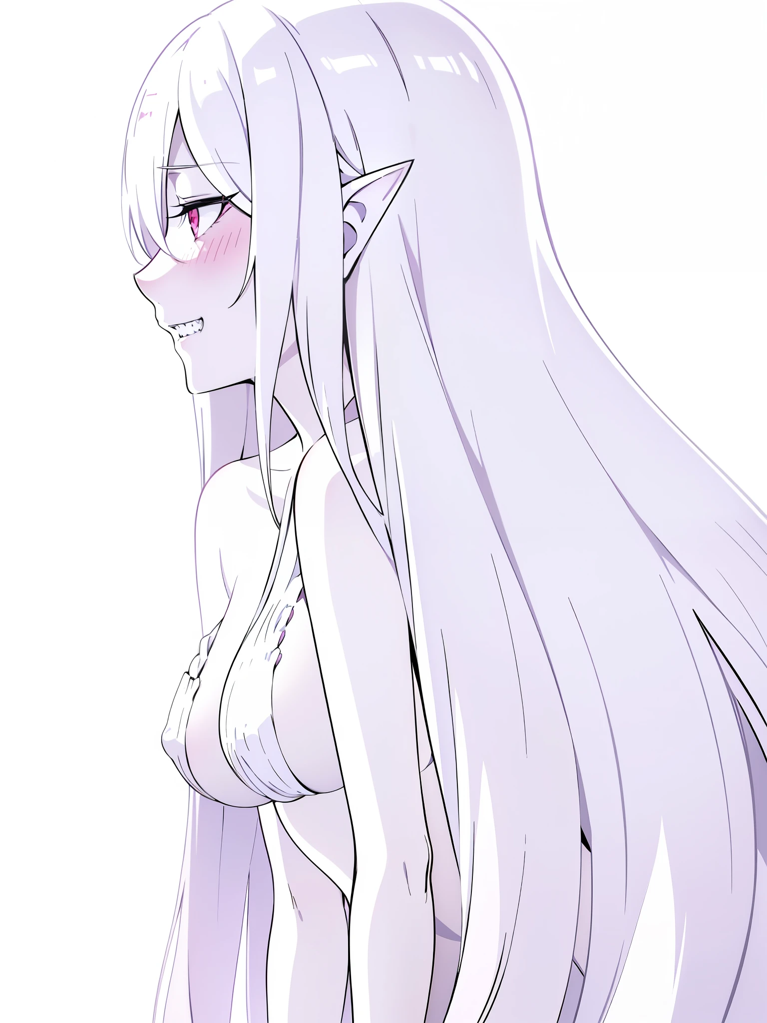 (1 girl,20s,mature female),long hair,solo,white hair,long hair,(((hair over one eye))),(((white skin,pale skin,colored skin))),elf ear,sharp teeth,((,yandere,grin)),pink eyes,(white background),((profile)),portrait,full-face blush,blush,naked