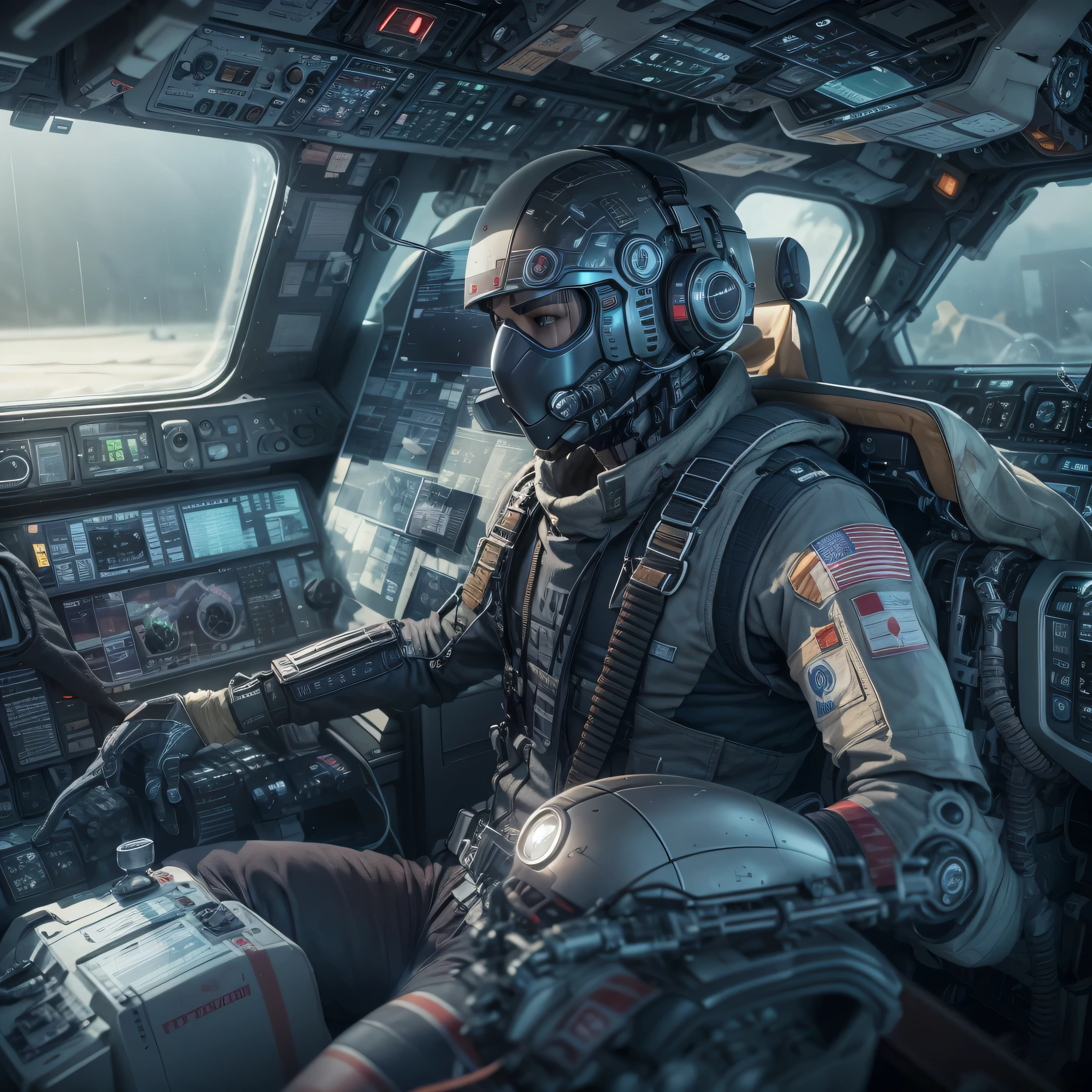 An artificial intelligence Fighter Pilot robot, in a fighter jet, and the robot is the pilot, photo-realistic, octane render, unreal engine, ultra-realistic