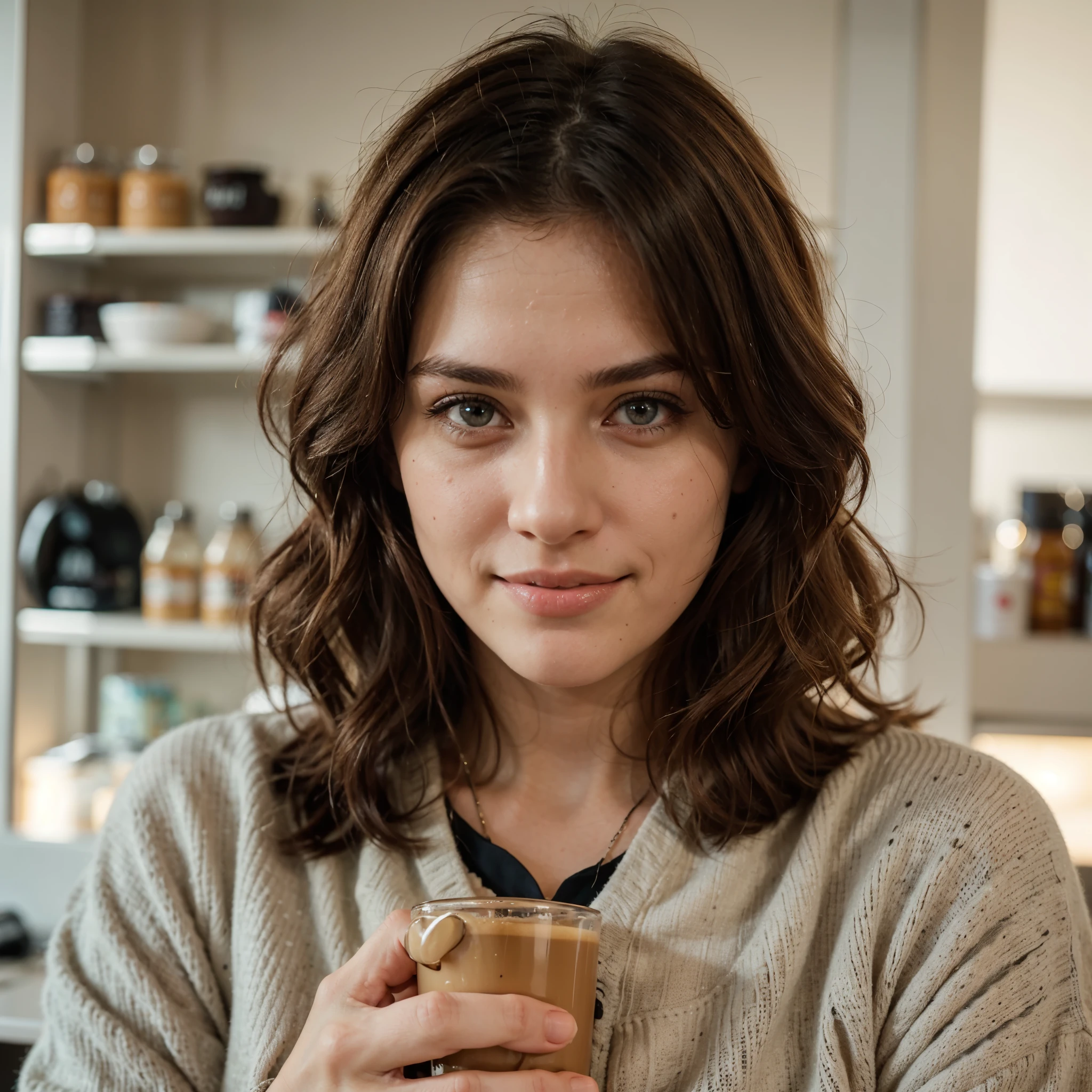 Beautiful blonde in beige sweater (Drink coffee in a modern café at sunset), Very detailed, 21 years old, Innocent face, Natural wavy hair, Blue eyes, High resolution, Personal Color, Yellow base, masutepiece, Best Quality, Intricate details, Highly detailed, Sharp Focus, Detailed skin, Realistic skin texture, Texture, Detailed eyes, Professional, 4K, Charming smile, shot in Canon, 85 mm, Shallow depth of field, Kodak Vision Color, Perfect Fit Body, Extremely detailed, a picture_\(Ultras\), Photorealistic, Realistic, Post-processing, Maximum Detail, Roughness, Real life, A hyper-realistic, Photorealism, Photography, 8K UHD, Photography