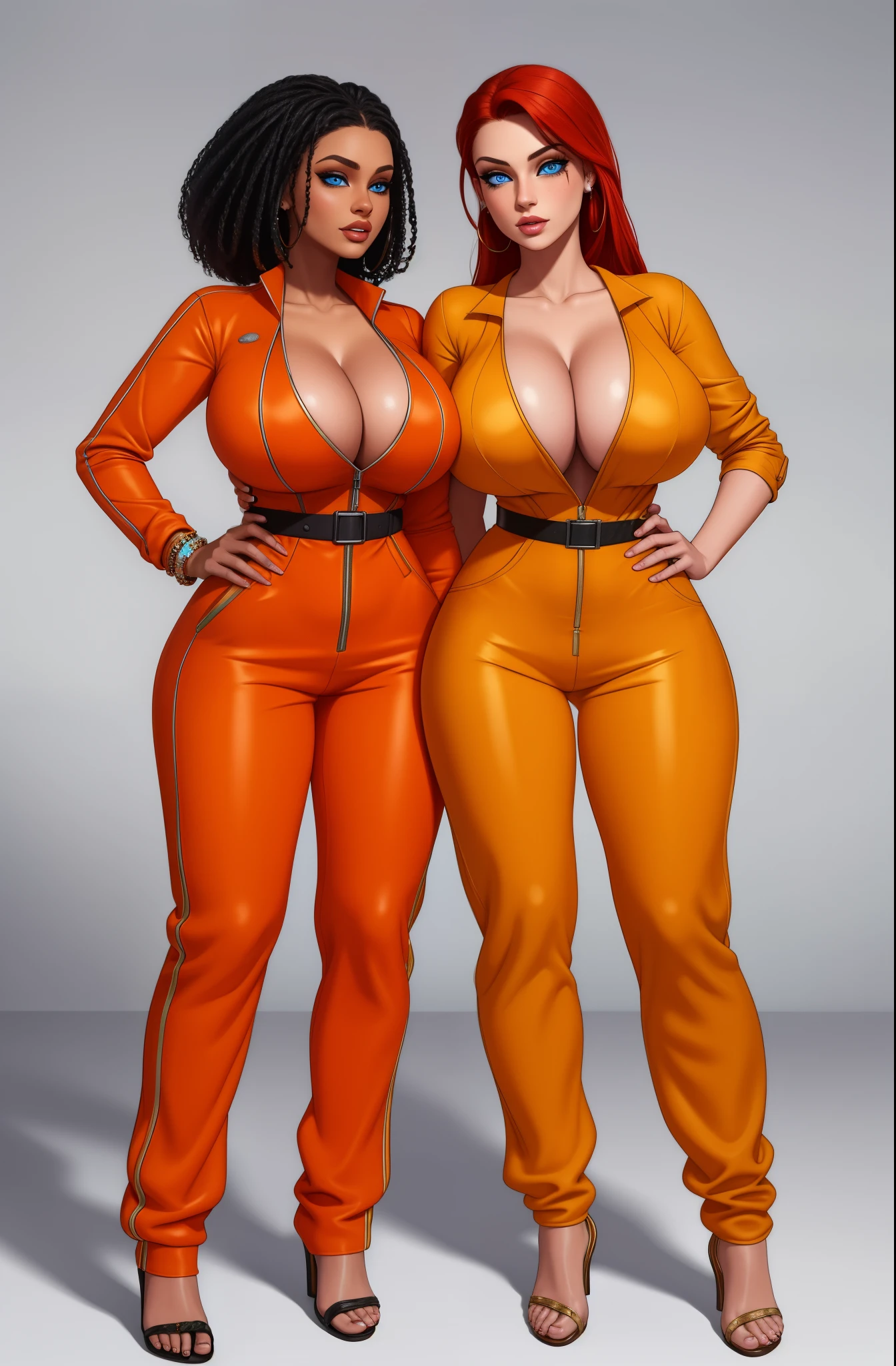 2girls, nose piercing, standing,  jewelry, orange jumpsuit (insanely detailed, beautiful detailed face, masterpiece, best quality), cleavage, piercing blue eyes, full body shot, blank background, white background, holding hands, romantic, lesbian, black girl, white girl, red hair, black hair