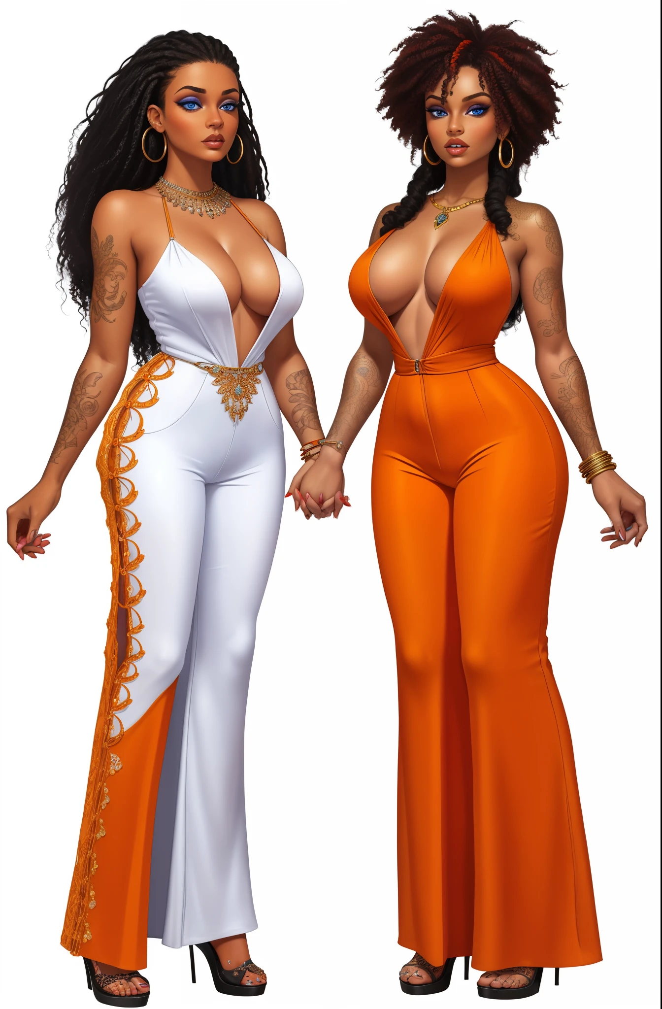 2girls, nose piercing, standing, jewelry, orange jumpsuit (insanely detailed, beautiful detailed face, masterpiece, best quality), cleavage, piercing blue eyes, full body shot, blank background, white background, holding hands, romantic, lesbian, black girl, white girl, red hair, black hair